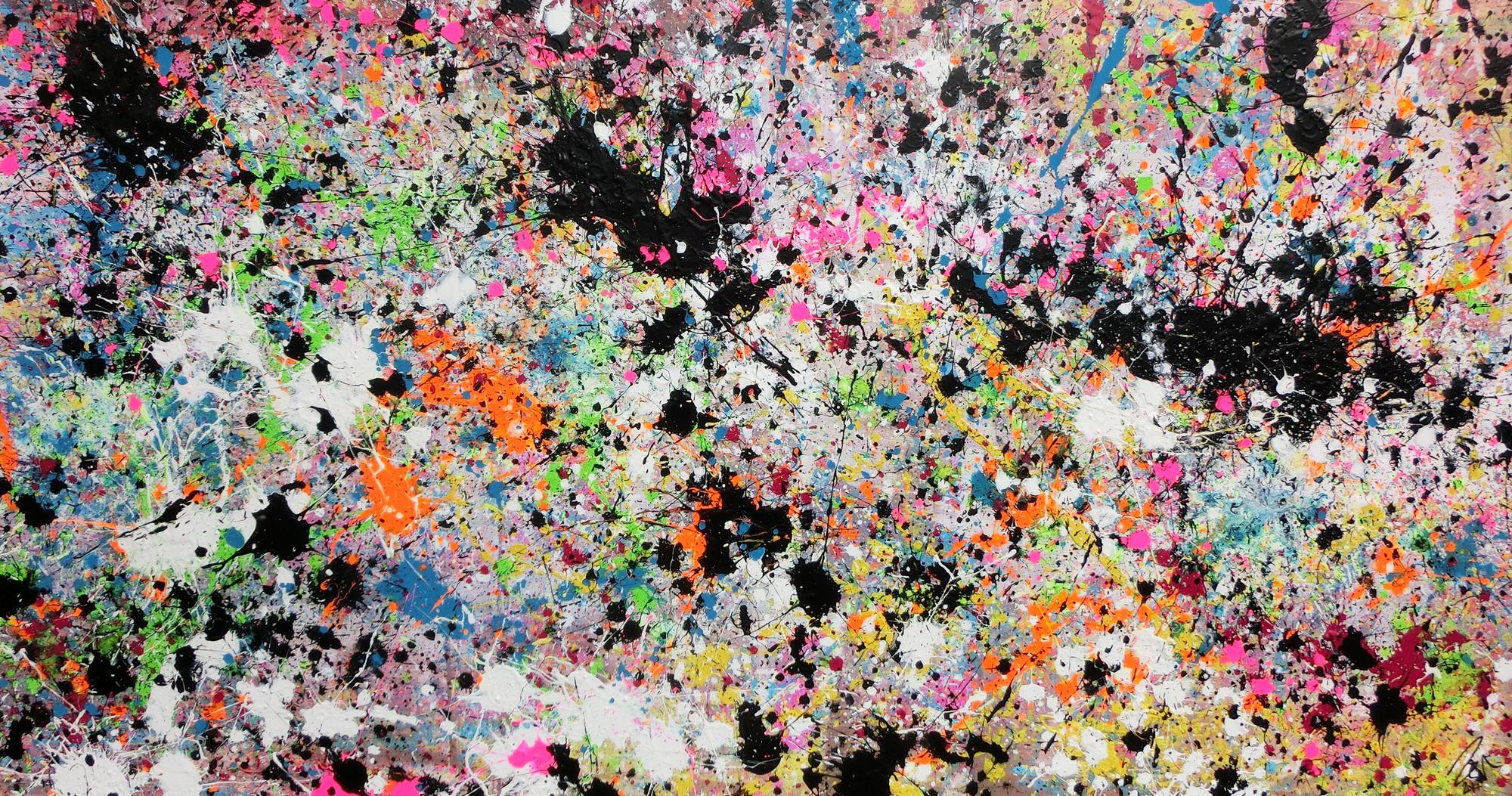 Abstraktes Acrylbild Actionpainting sehr bunt moderne helle Farben