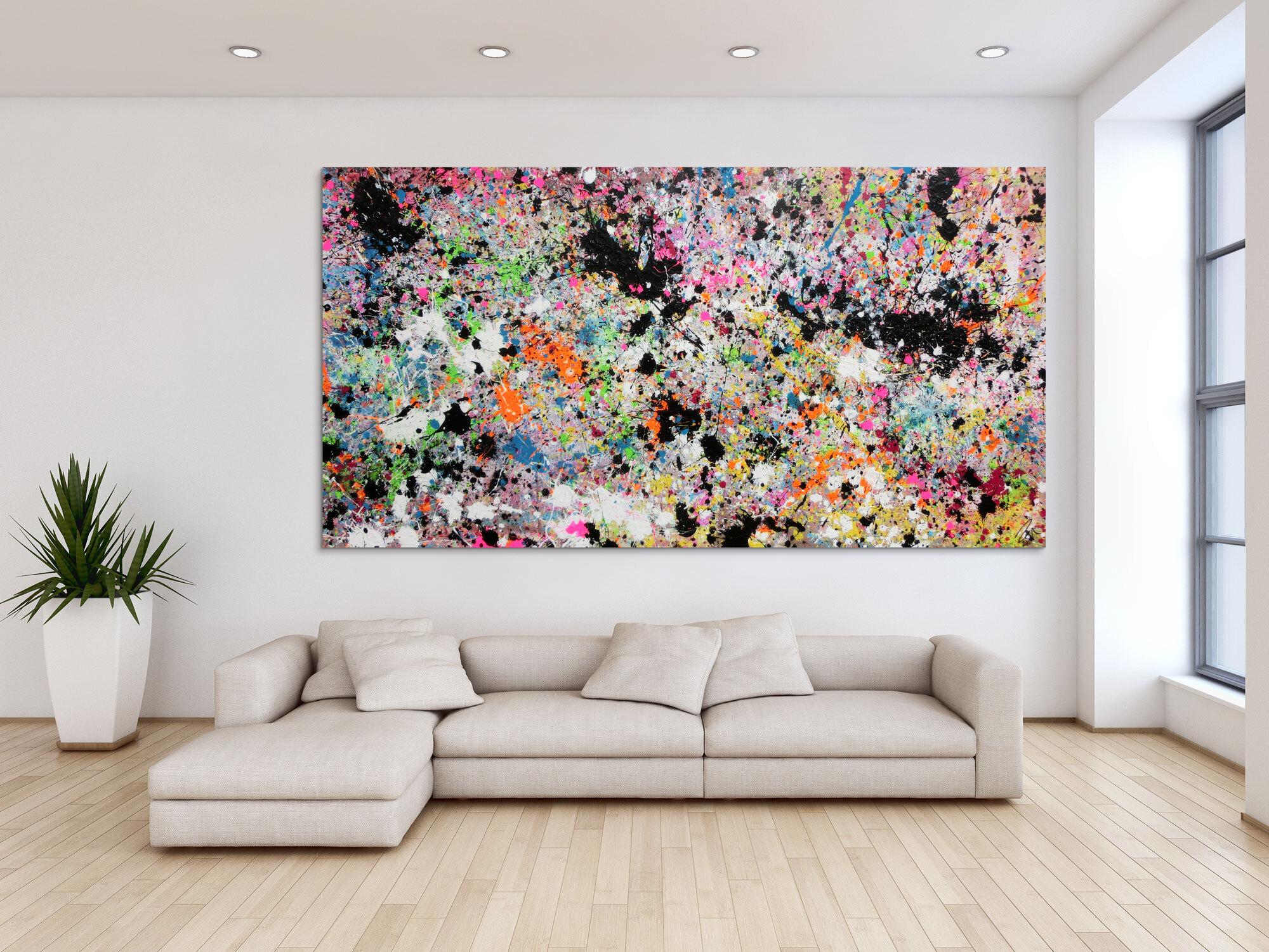 Abstraktes Acrylbild Actionpainting sehr bunt moderne helle Farben