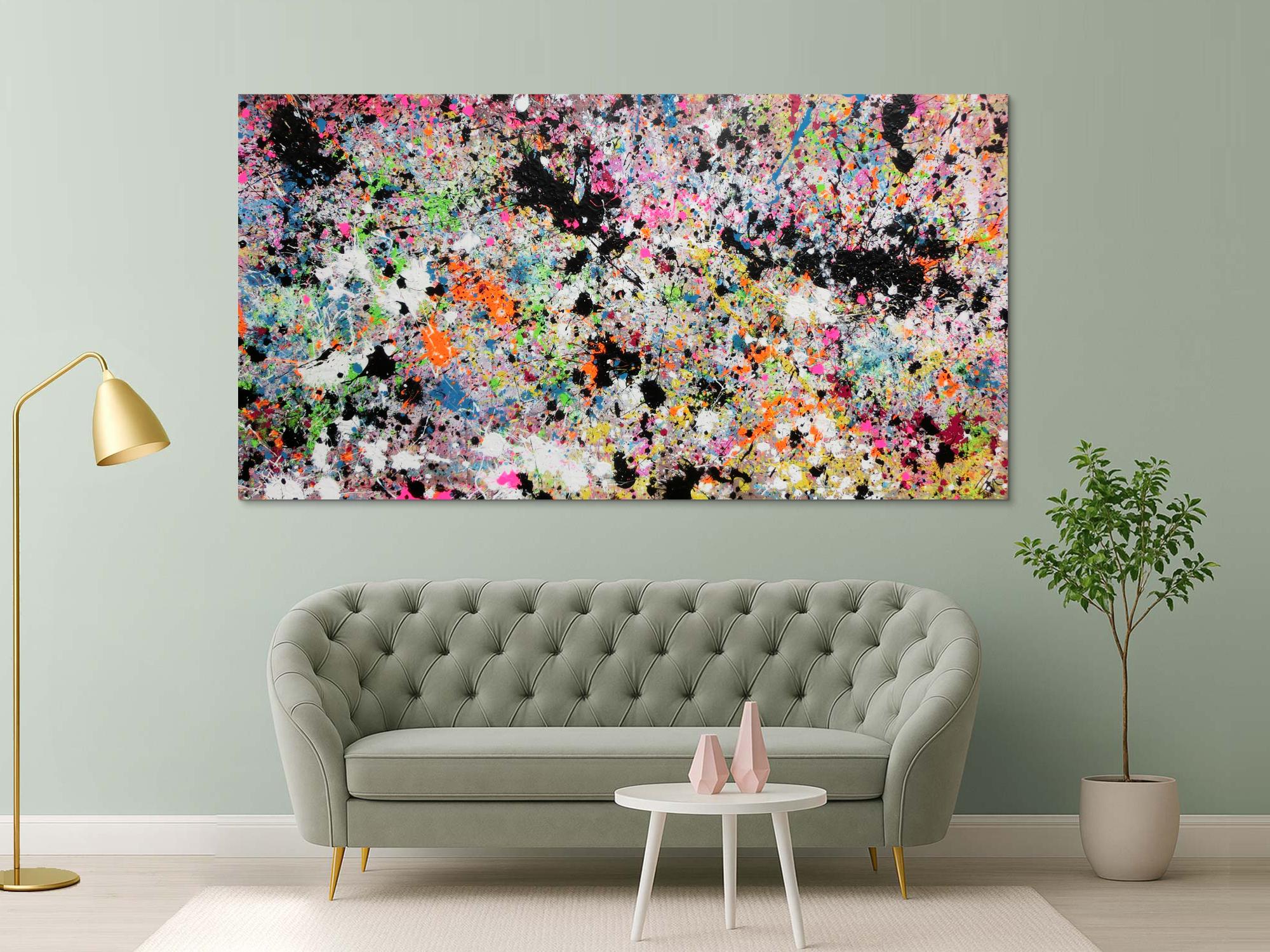 Abstraktes Acrylbild Actionpainting sehr bunt moderne helle Farben