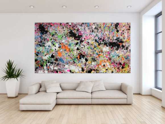 Abstraktes Acrylbild Actionpainting sehr bunt moderne helle Farben