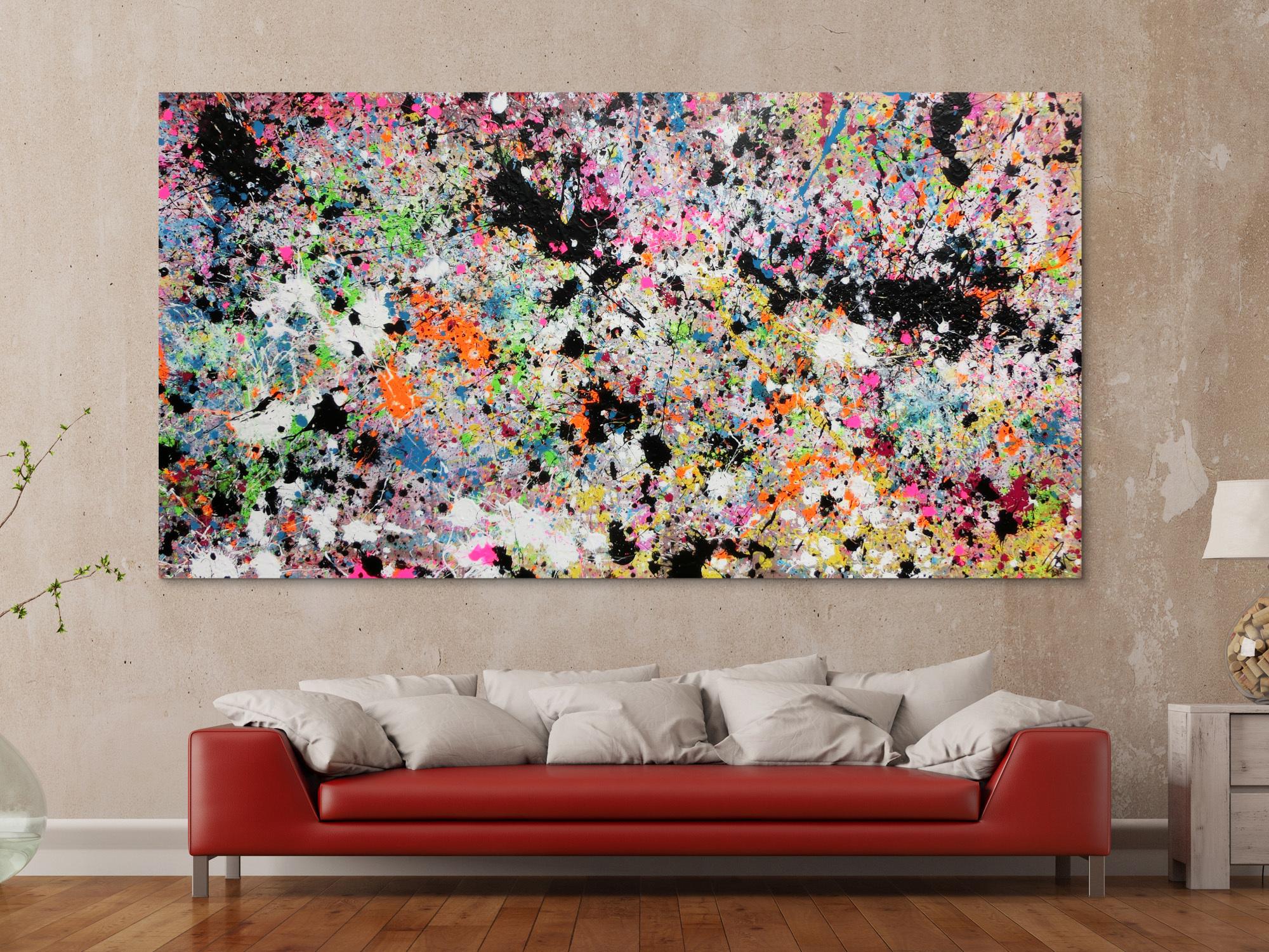 Abstraktes Acrylbild Actionpainting sehr bunt moderne helle Farben