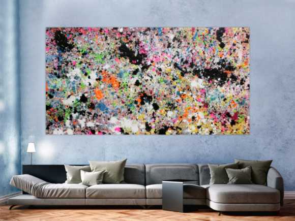 Abstraktes Acrylbild Actionpainting sehr bunt moderne helle Farben