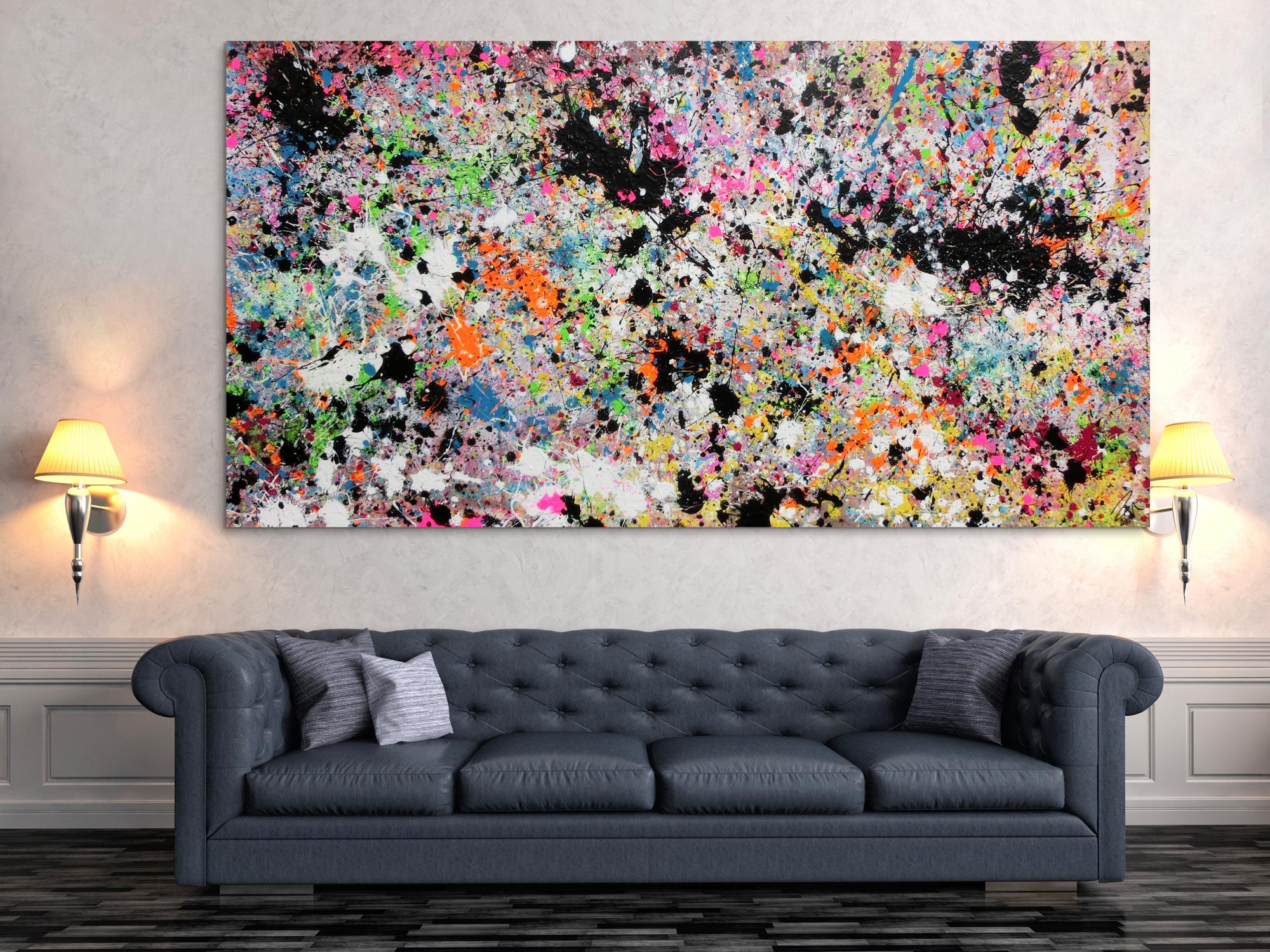 Abstraktes Acrylbild Actionpainting sehr bunt moderne helle Farben