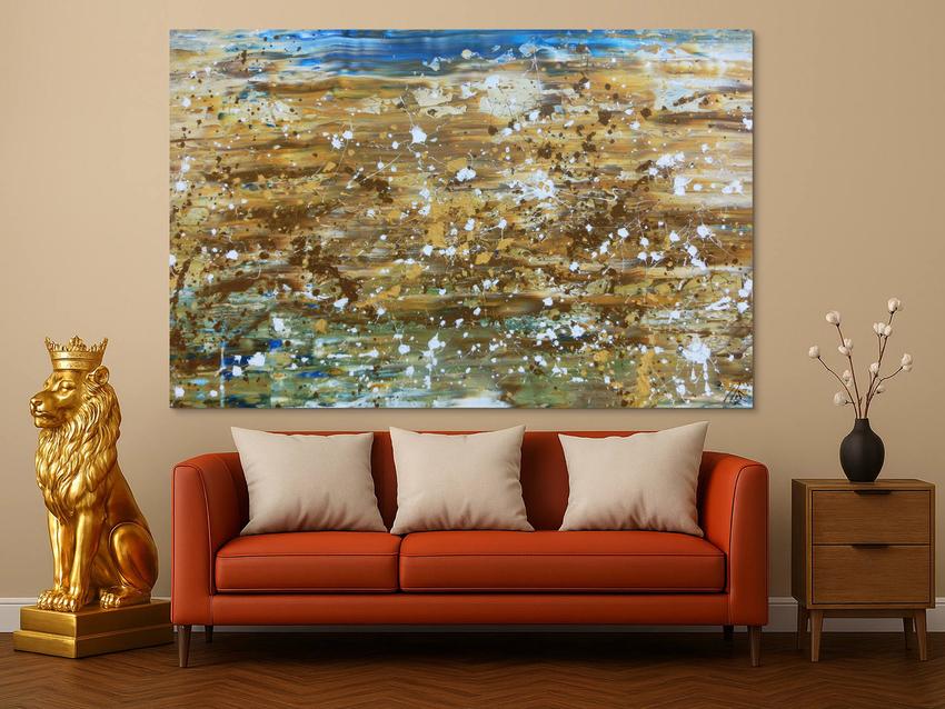 Abstraktes Gemälde modernes Bild in mediteranen Farben beige braun und blau