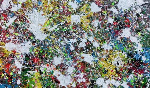 Buntes Abstraktes Acrylbild Action Painting viele Flecken auf Leinwand sehr modern