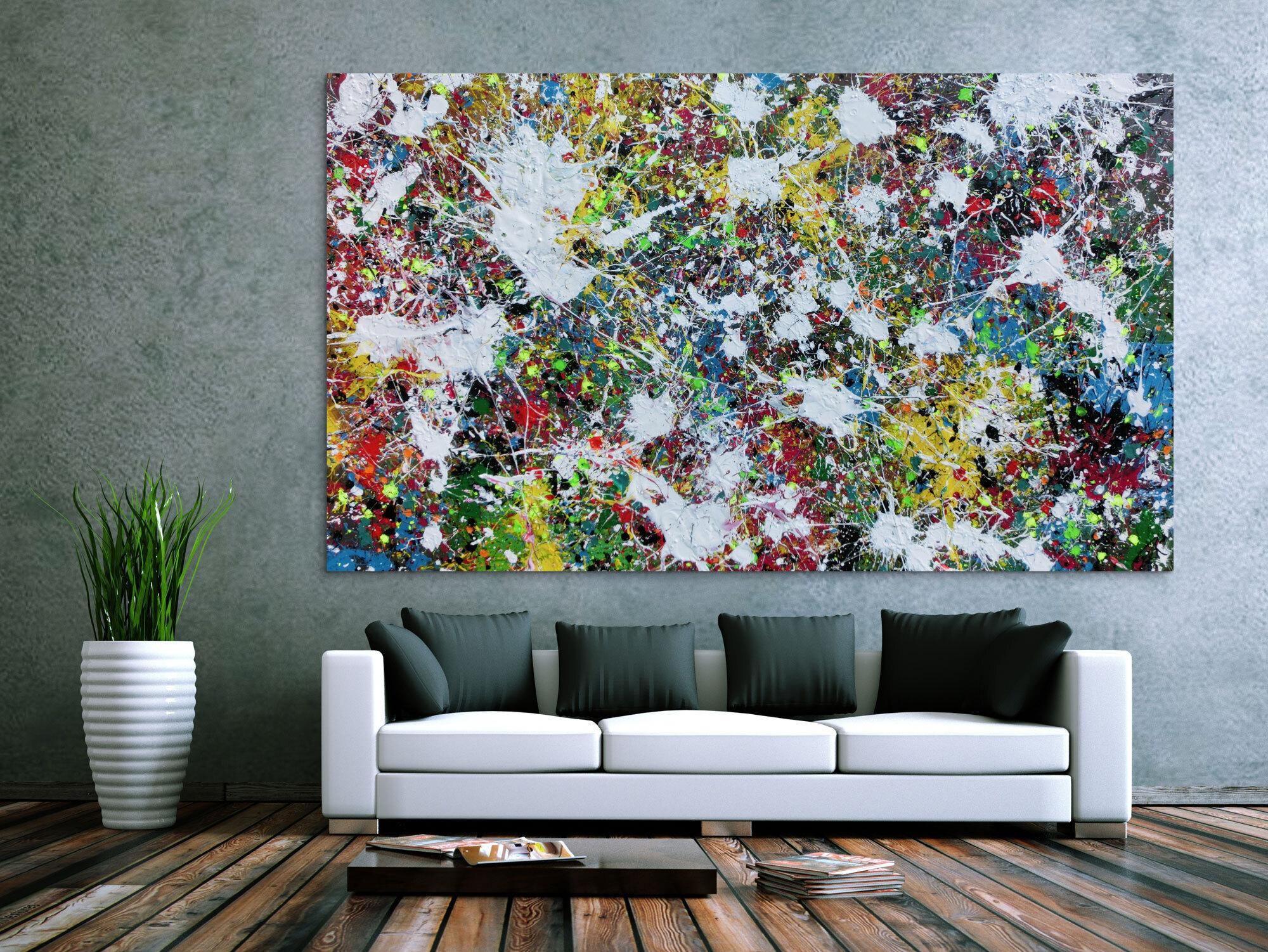 Buntes Abstraktes Acrylbild Action Painting viele Flecken auf Leinwand sehr modern