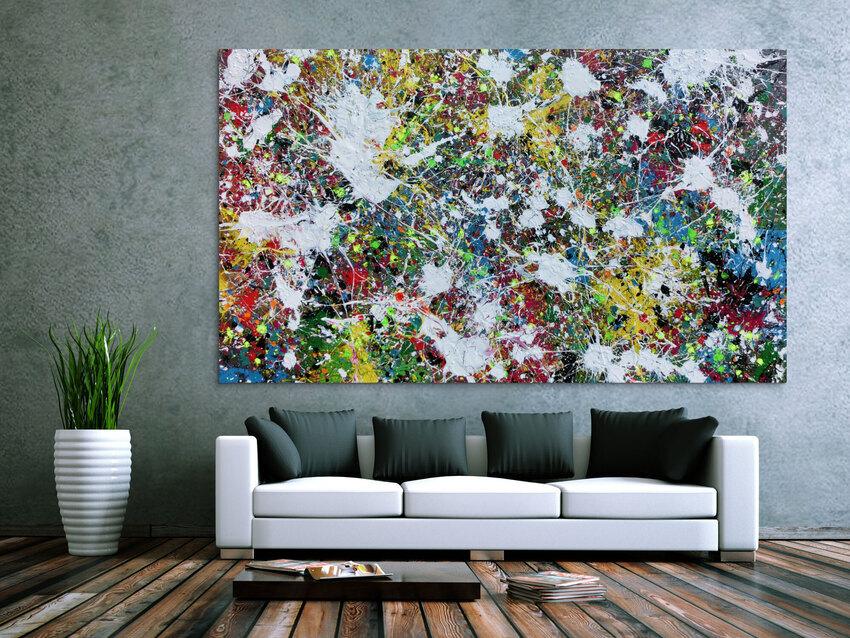 Buntes Abstraktes Acrylbild Action Painting viele Flecken auf Leinwand sehr modern