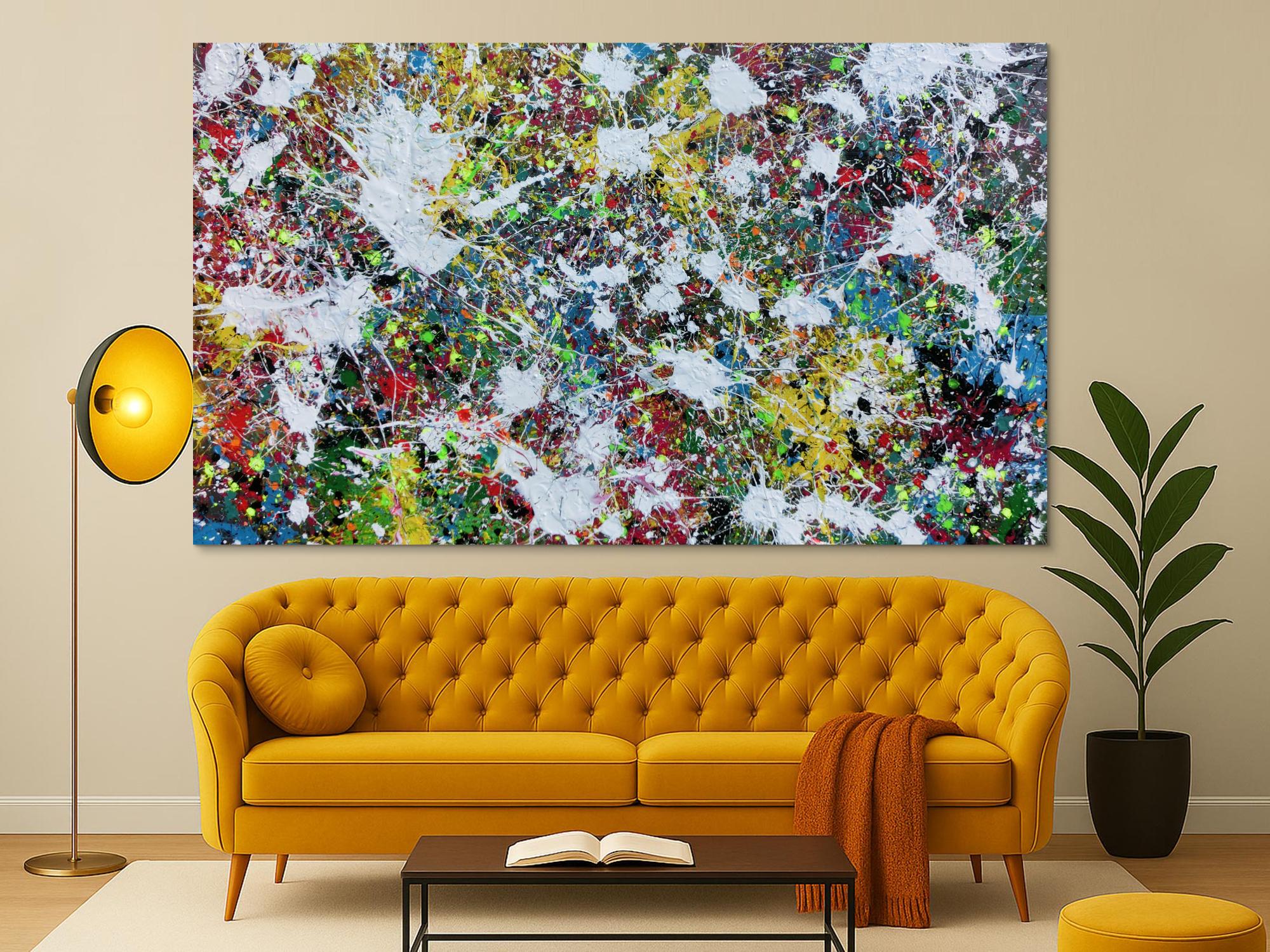 Buntes Abstraktes Acrylbild Action Painting viele Flecken auf Leinwand sehr modern