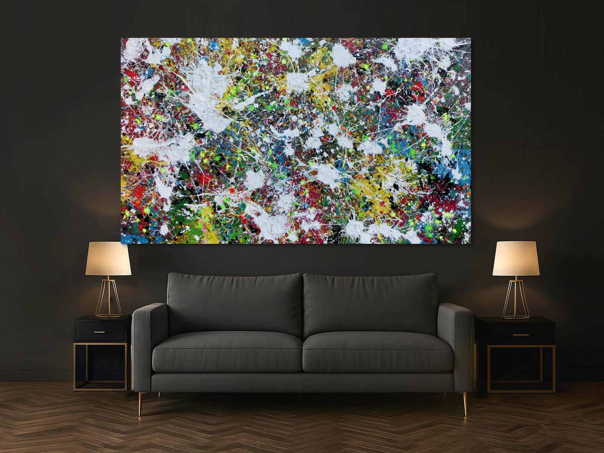 Buntes Abstraktes Acrylbild Action Painting viele Flecken auf Leinwand sehr modern