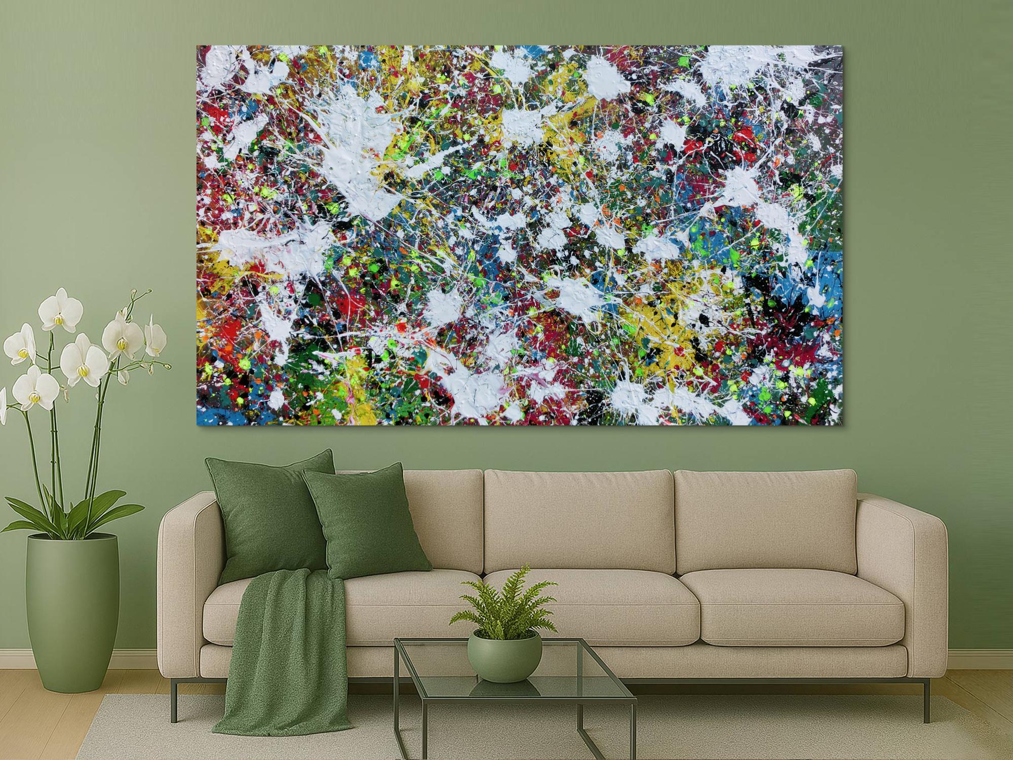 Buntes Abstraktes Acrylbild Action Painting viele Flecken auf Leinwand sehr modern