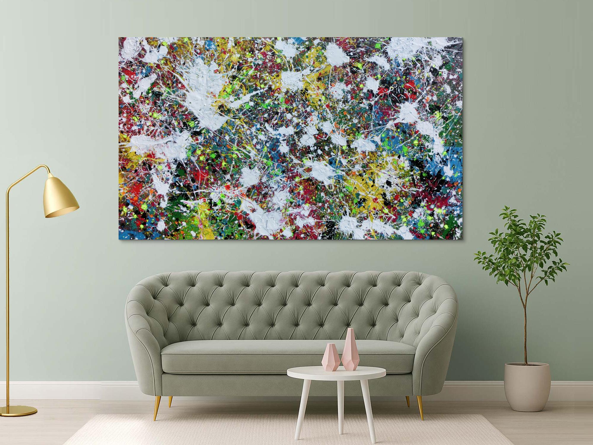 Buntes Abstraktes Acrylbild Action Painting viele Flecken auf Leinwand sehr modern