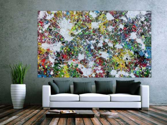 Buntes Abstraktes Acrylbild Action Painting viele Flecken auf Leinwand sehr modern