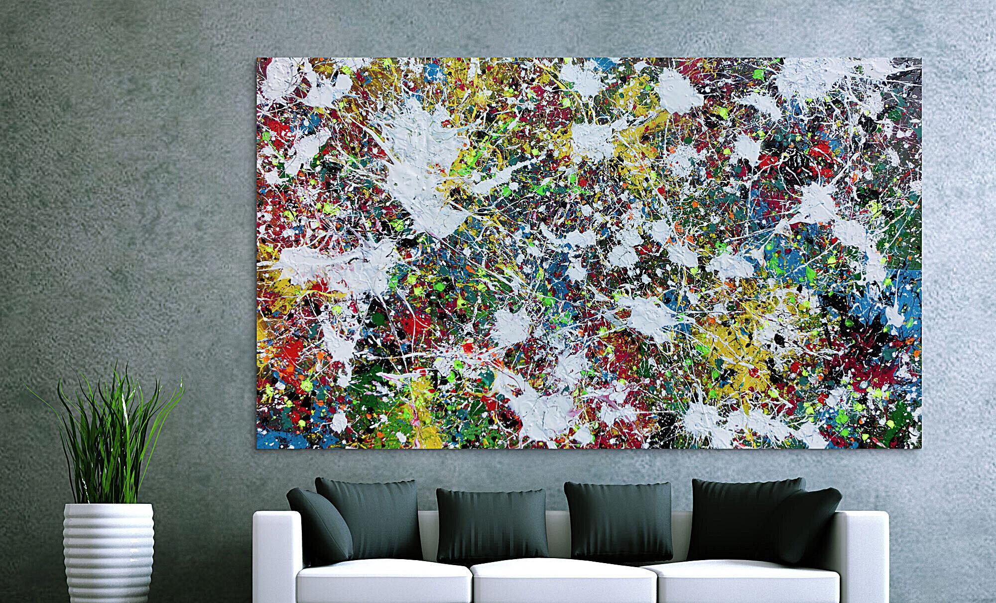 Buntes Abstraktes Acrylbild Action Painting viele Flecken auf Leinwand sehr modern