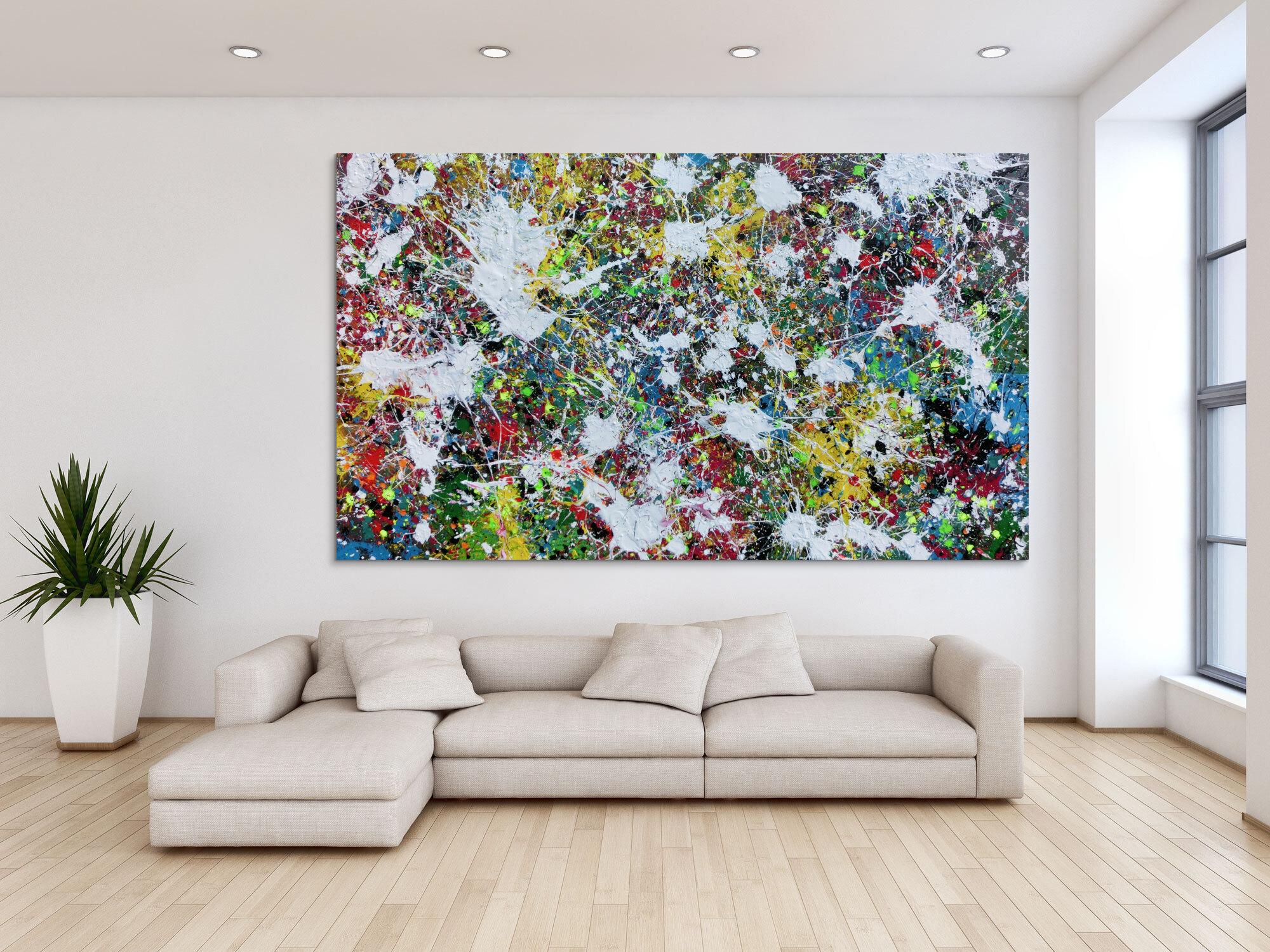 Buntes Abstraktes Acrylbild Action Painting viele Flecken auf Leinwand sehr modern