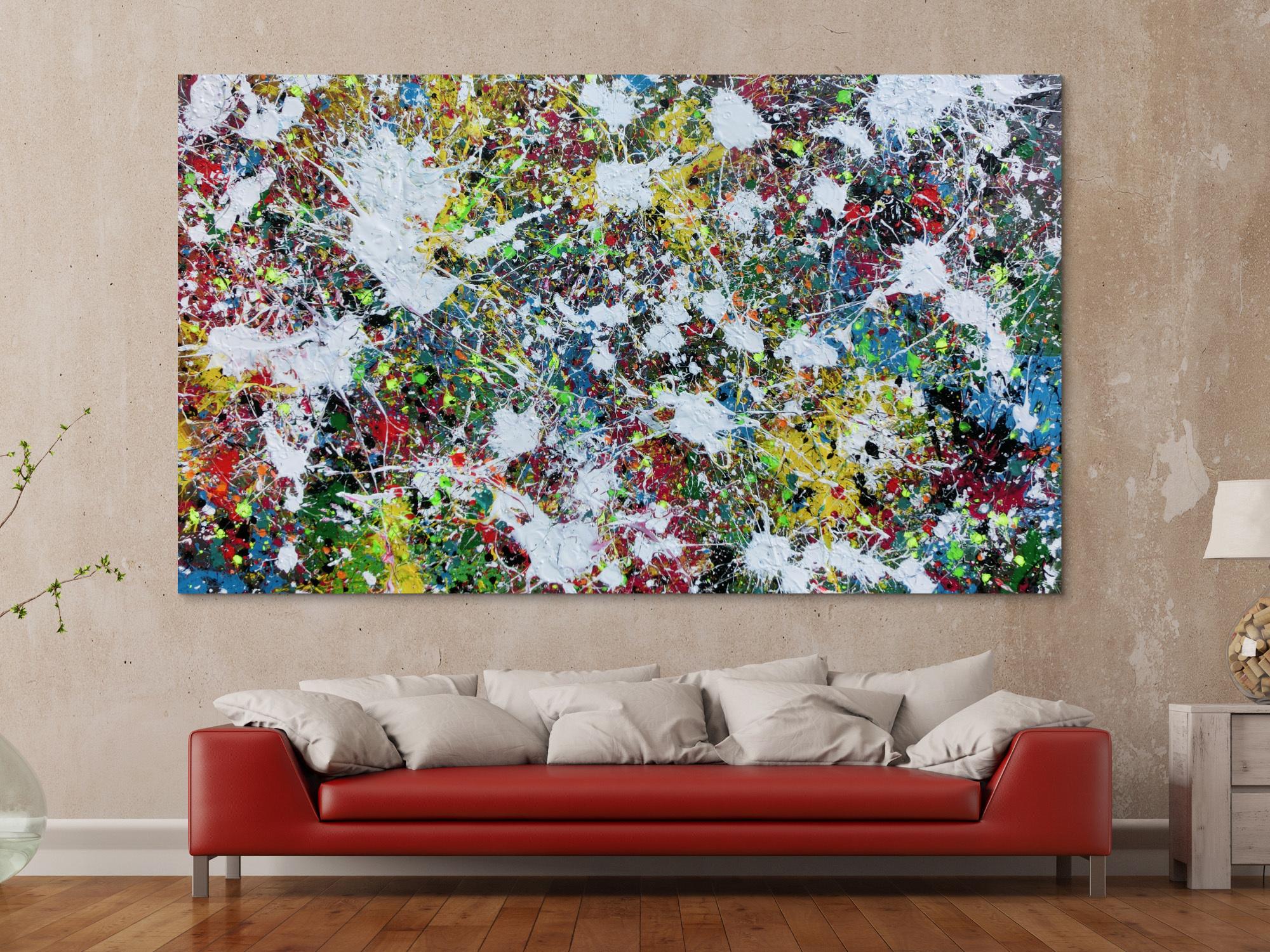 Buntes Abstraktes Acrylbild Action Painting viele Flecken auf Leinwand sehr modern