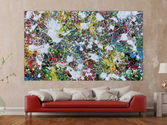 Buntes Abstraktes Acrylbild Action Painting viele Flecken auf Leinwand sehr modern