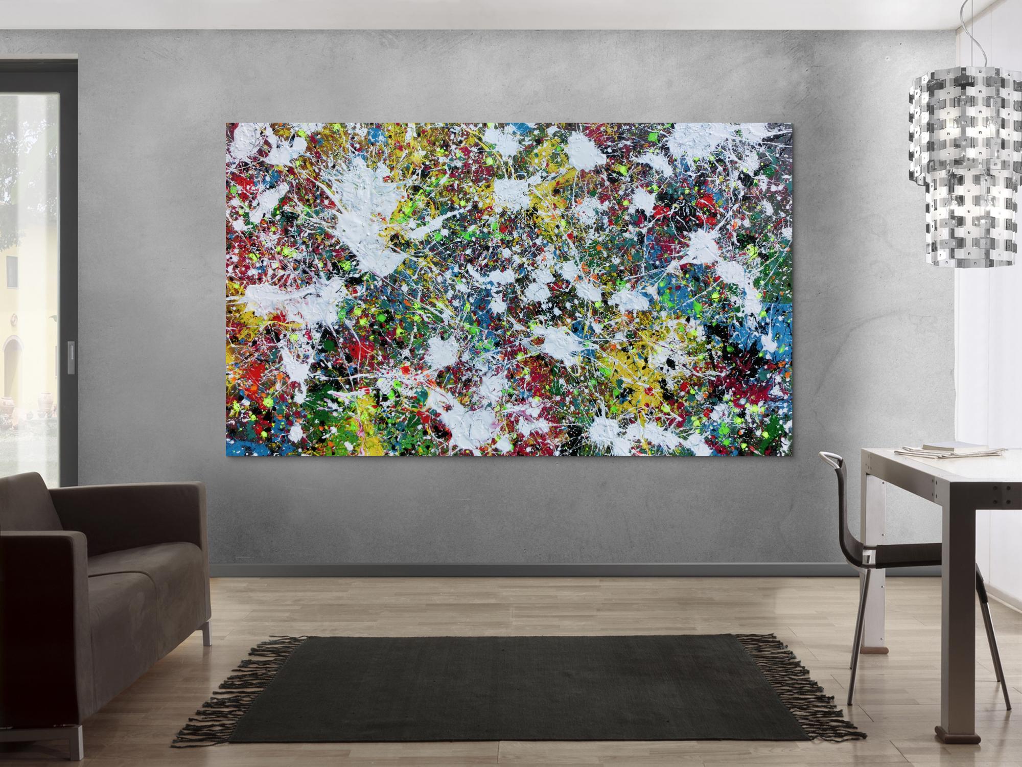 Buntes Abstraktes Acrylbild Action Painting viele Flecken auf Leinwand sehr modern