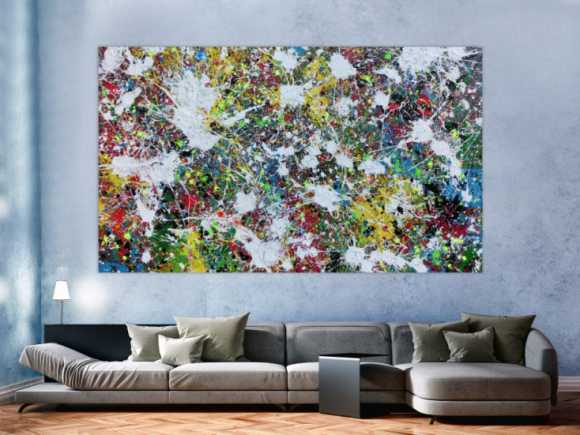 Buntes Abstraktes Acrylbild Action Painting viele Flecken auf Leinwand sehr modern