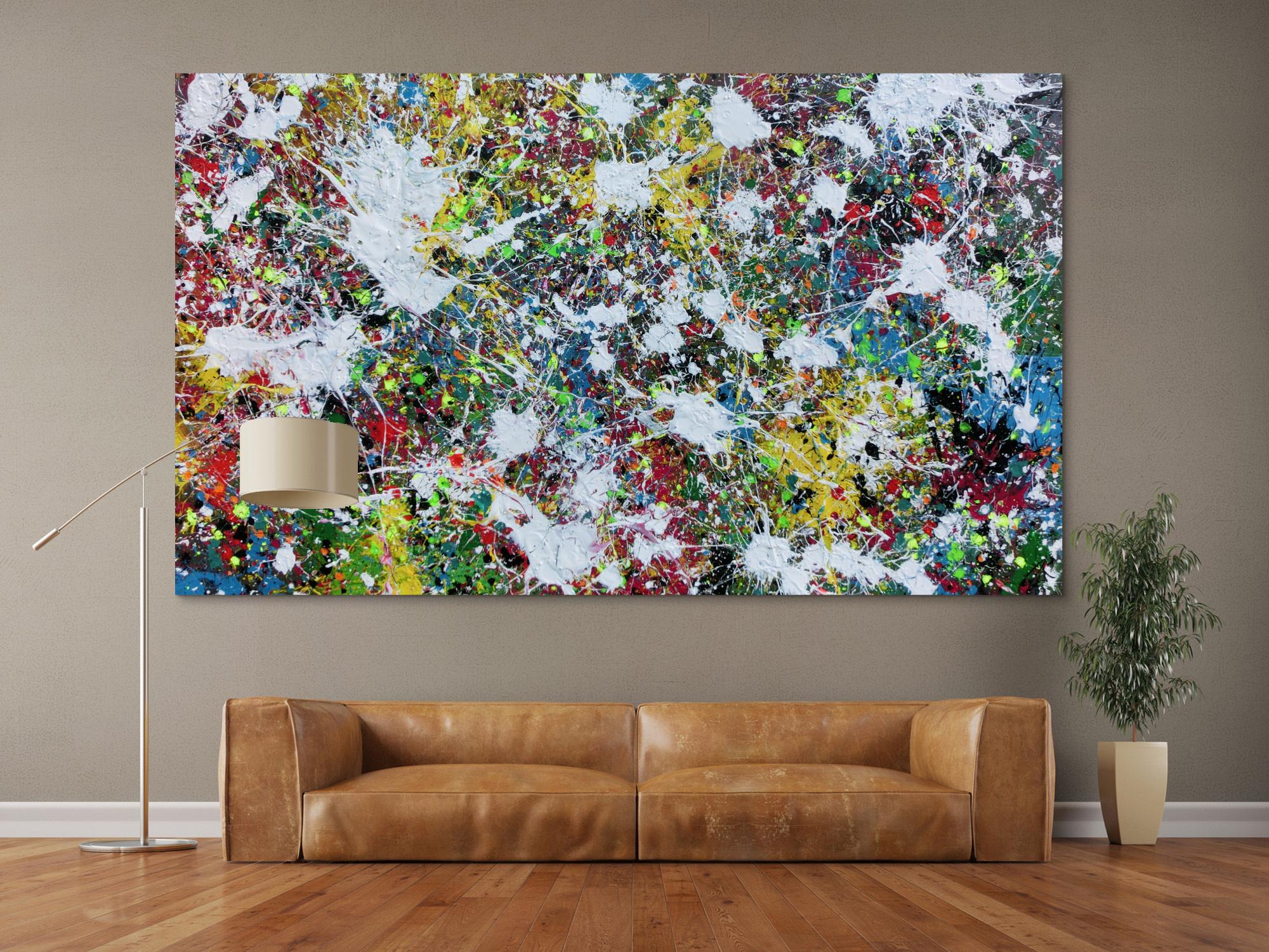 Buntes Abstraktes Acrylbild Action Painting viele Flecken auf Leinwand sehr modern