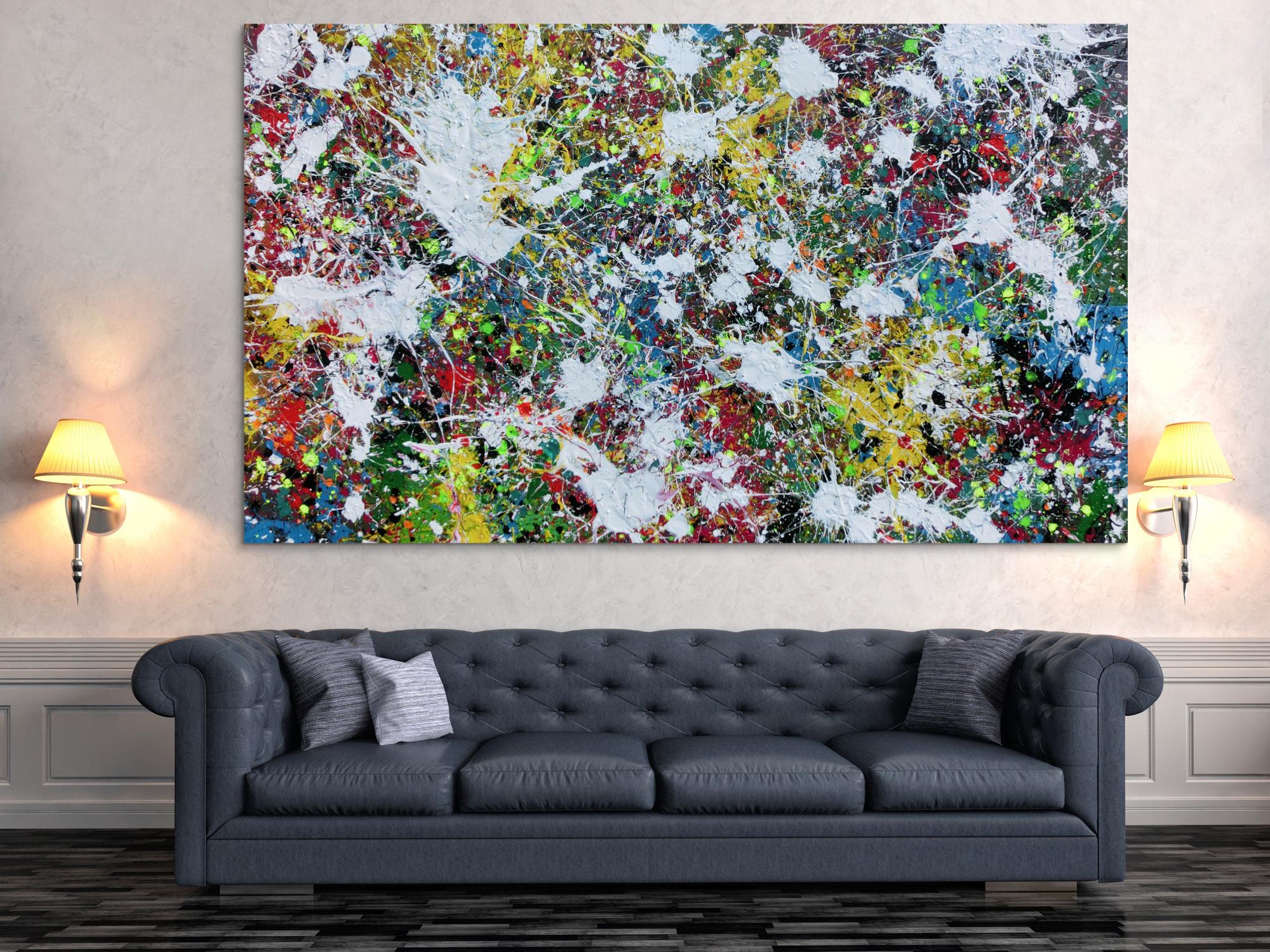Buntes Abstraktes Acrylbild Action Painting viele Flecken auf Leinwand sehr modern