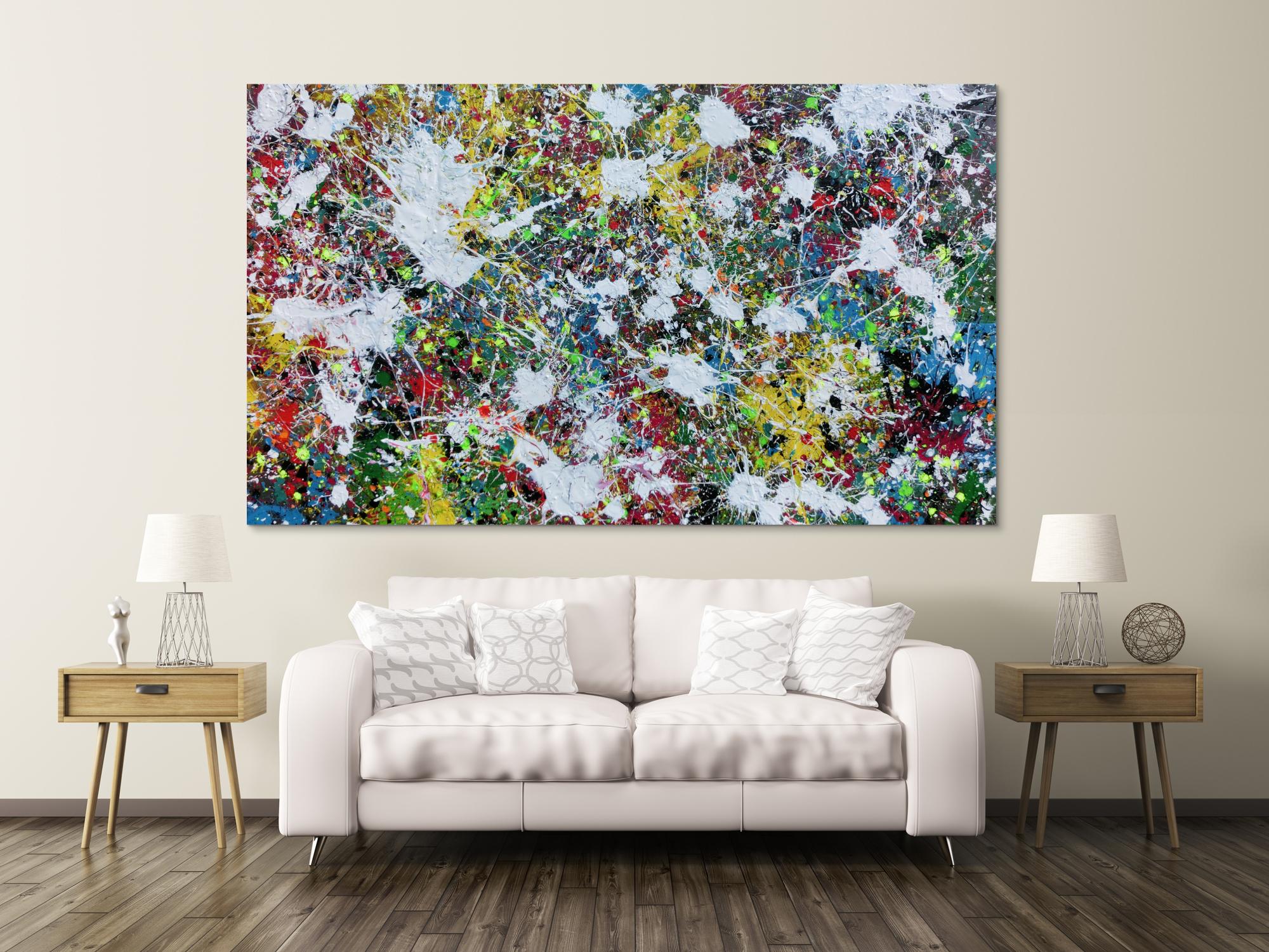 Buntes Abstraktes Acrylbild Action Painting viele Flecken auf Leinwand sehr modern