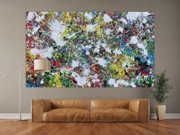 Buntes Abstraktes Acrylbild Action Painting viele Flecken auf Leinwand sehr modern