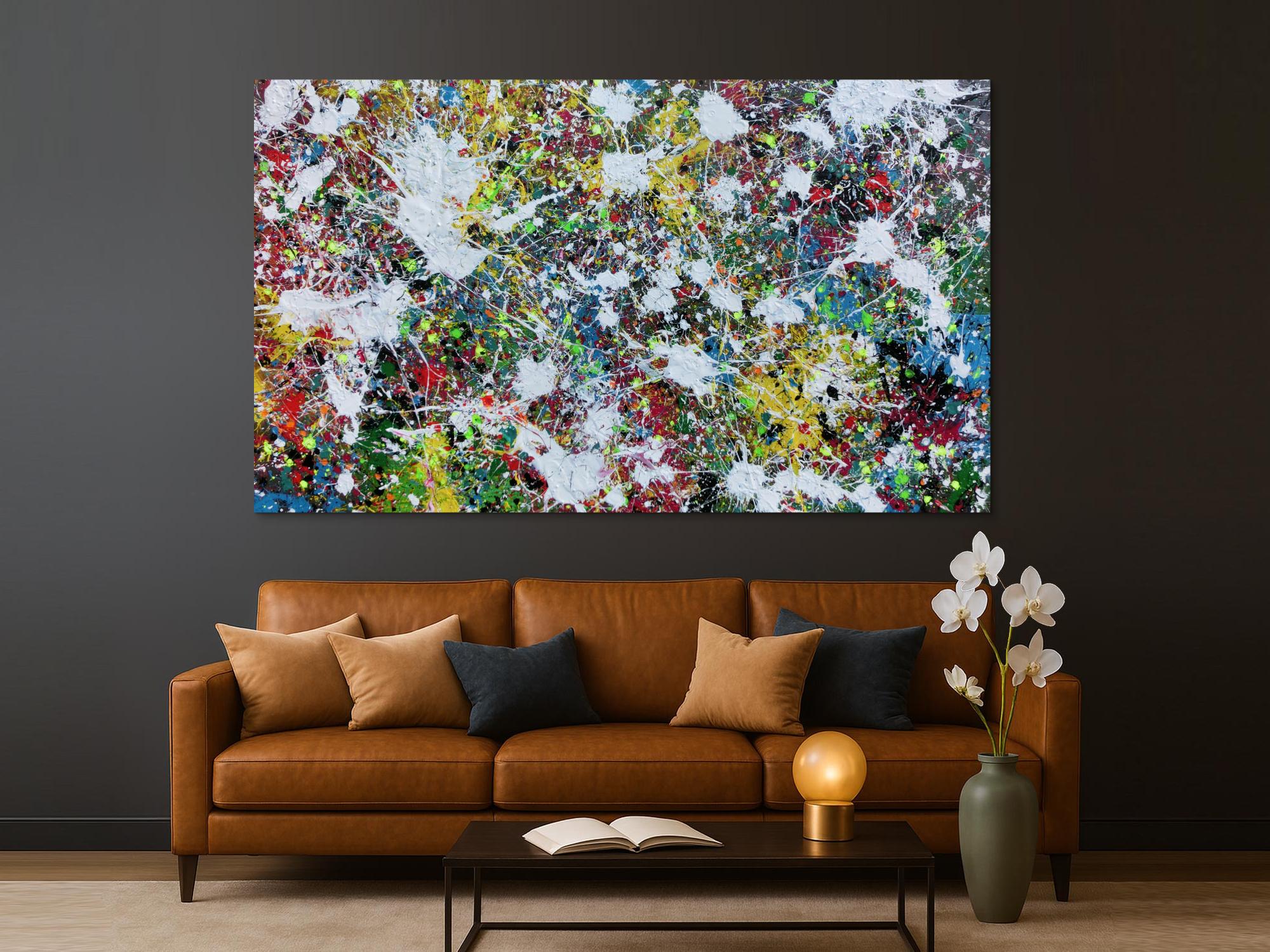 Buntes Abstraktes Acrylbild Action Painting viele Flecken auf Leinwand sehr modern