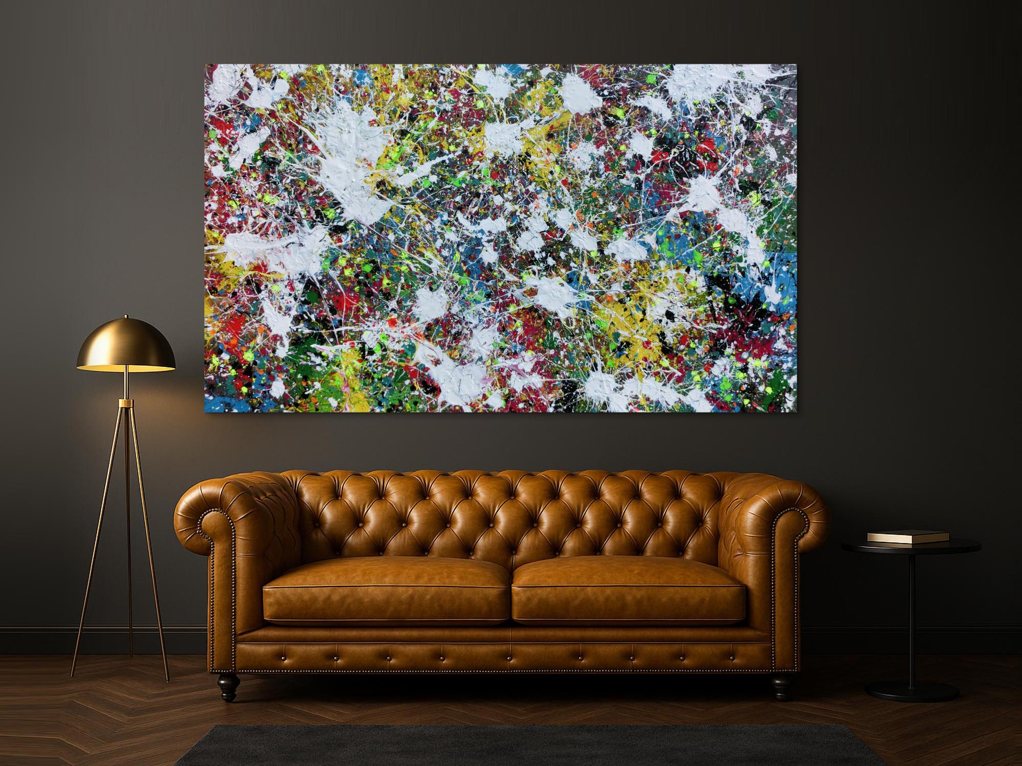 Buntes Abstraktes Acrylbild Action Painting viele Flecken auf Leinwand sehr modern