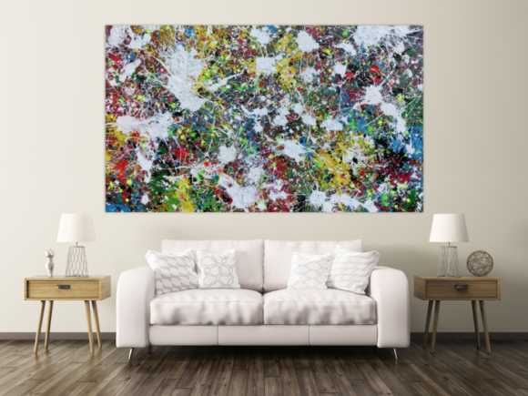 Buntes Abstraktes Acrylbild Action Painting viele Flecken auf Leinwand sehr modern