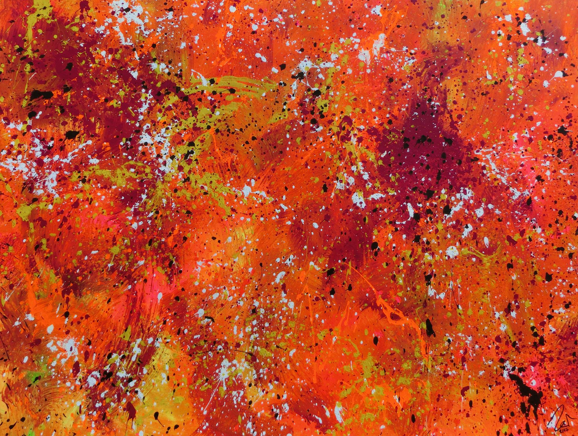 Abstraktes Acrylbild Action painting in Neonfarben orange pink gelb weiß