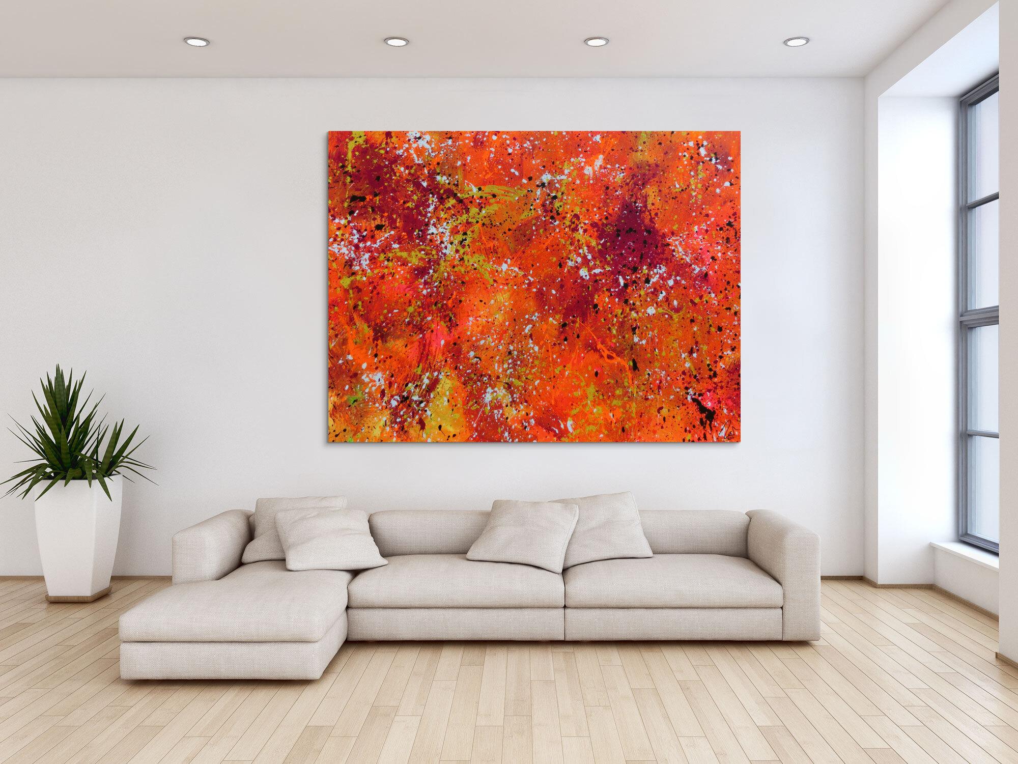 Abstraktes Acrylbild Action painting in Neonfarben orange pink gelb weiß