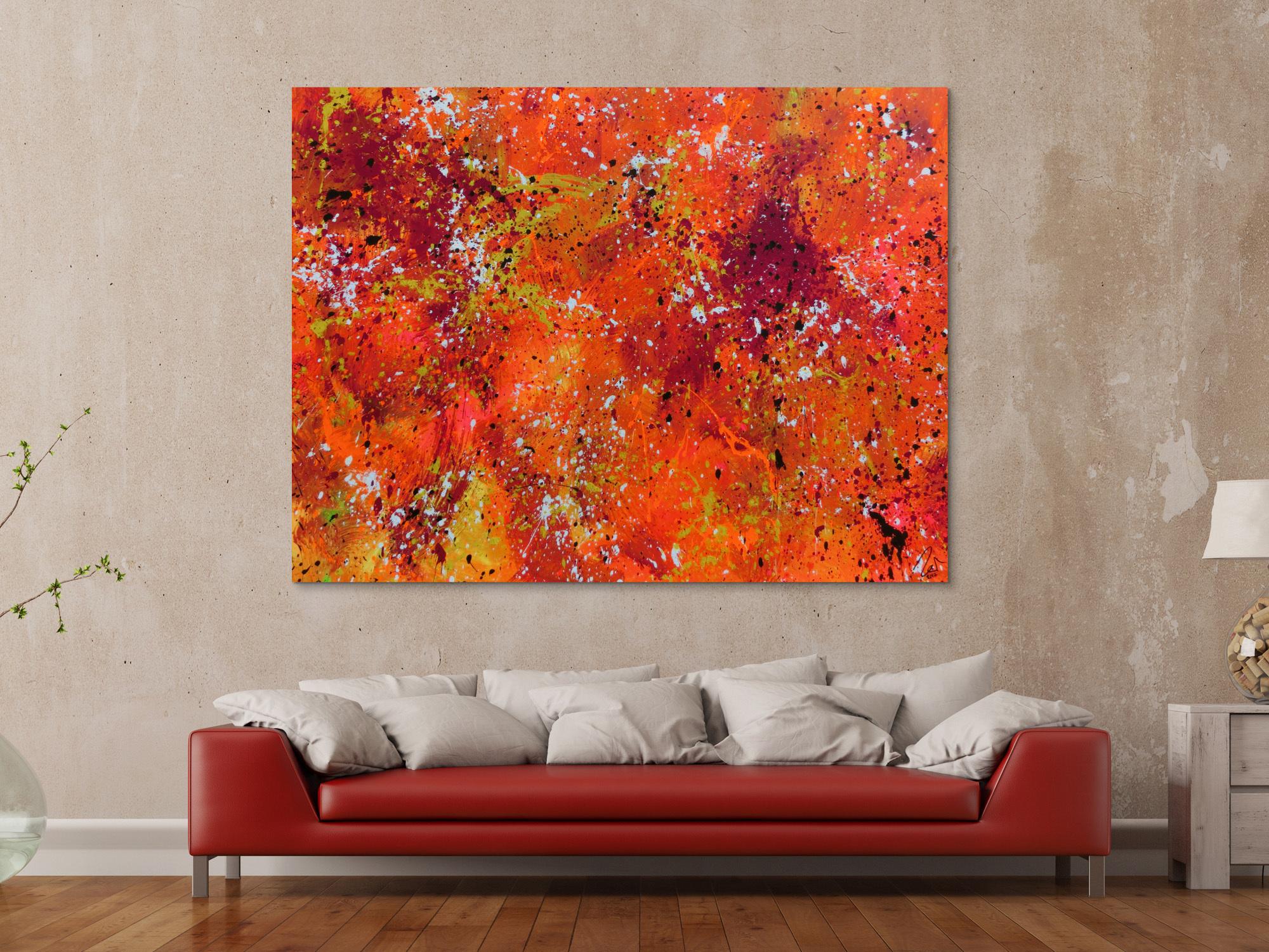 Abstraktes Acrylbild Action painting in Neonfarben orange pink gelb weiß