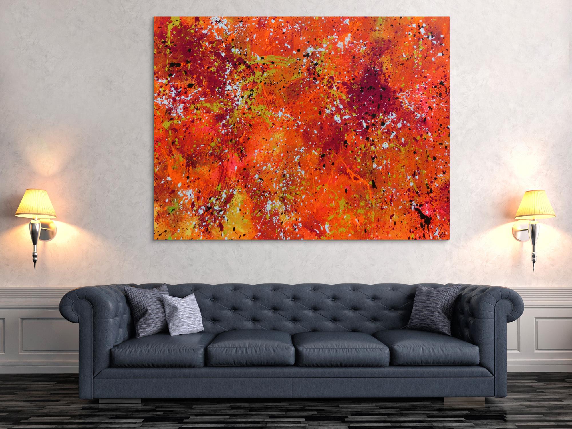 Abstraktes Acrylbild Action painting in Neonfarben orange pink gelb weiß