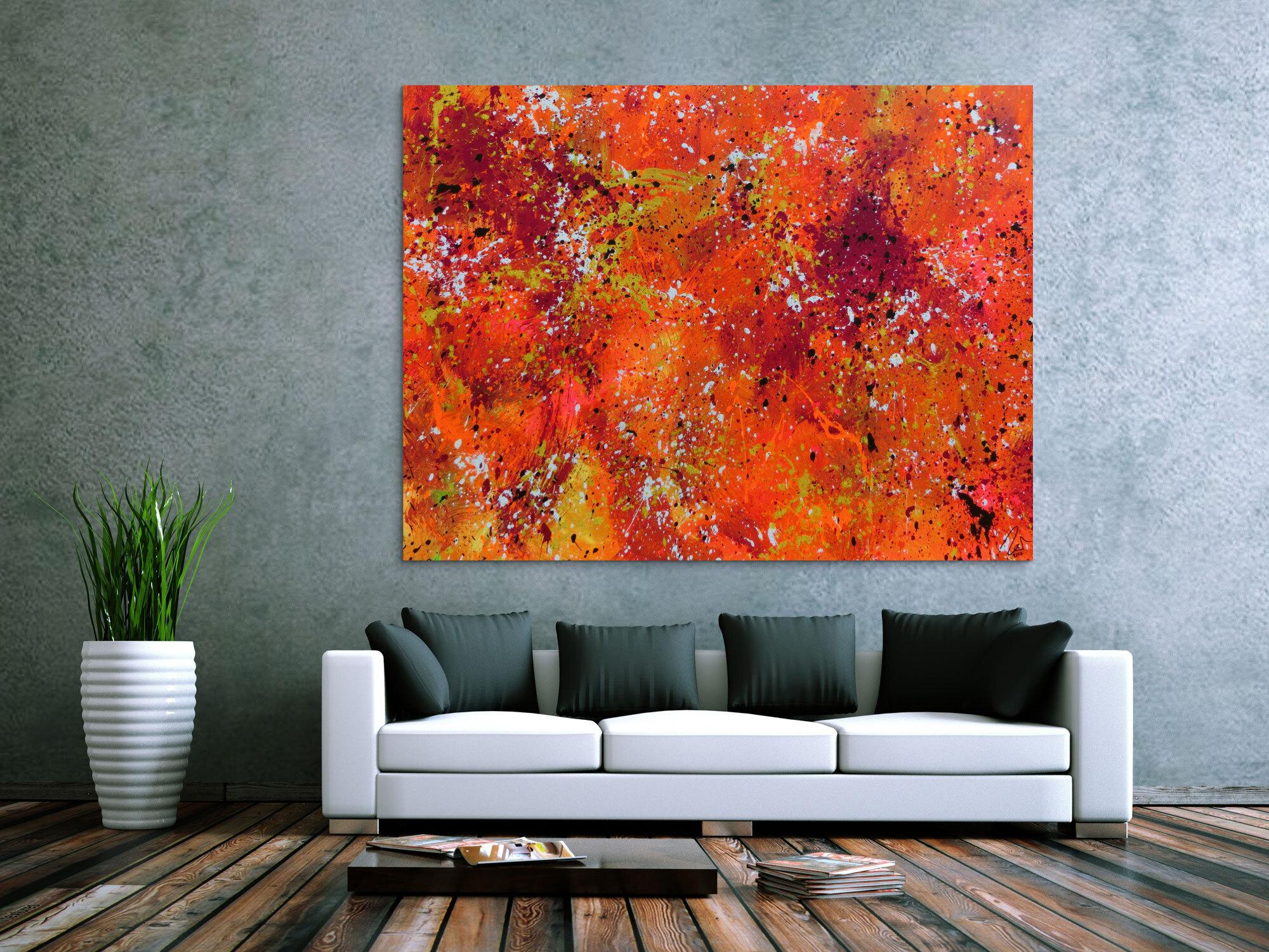 Abstraktes Acrylbild Action painting in Neonfarben orange pink gelb weiß