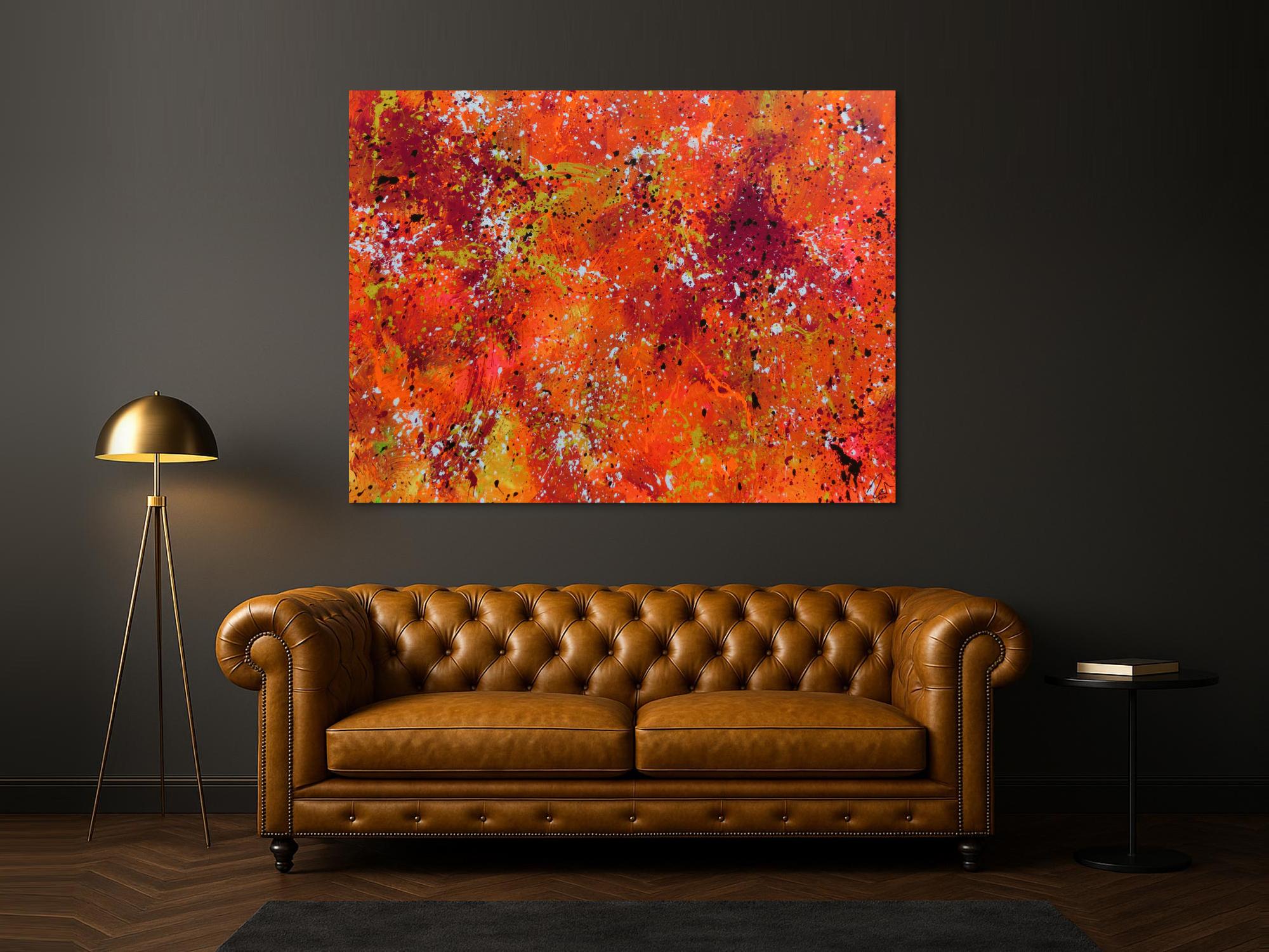 Abstraktes Acrylbild Action painting in Neonfarben orange pink gelb weiß