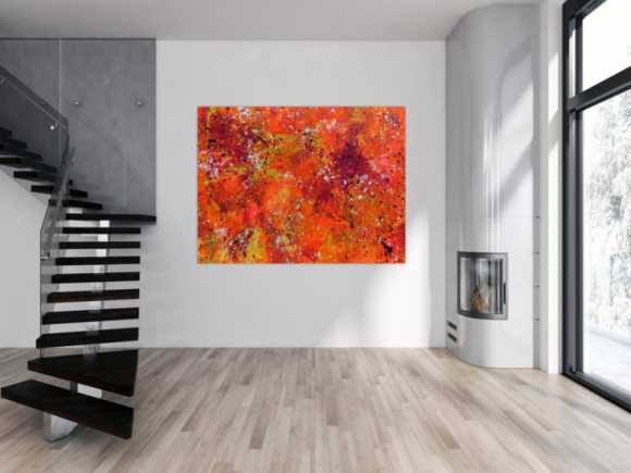 Abstraktes Acrylbild Action painting in Neonfarben orange pink gelb weiß