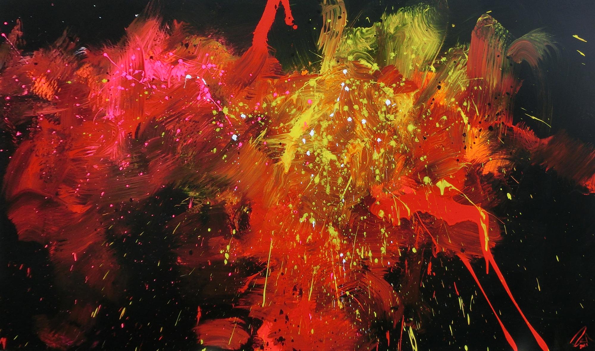 Abstraktes Acrylbild Actionpainting modern in schwarz rot gelb weiß pink