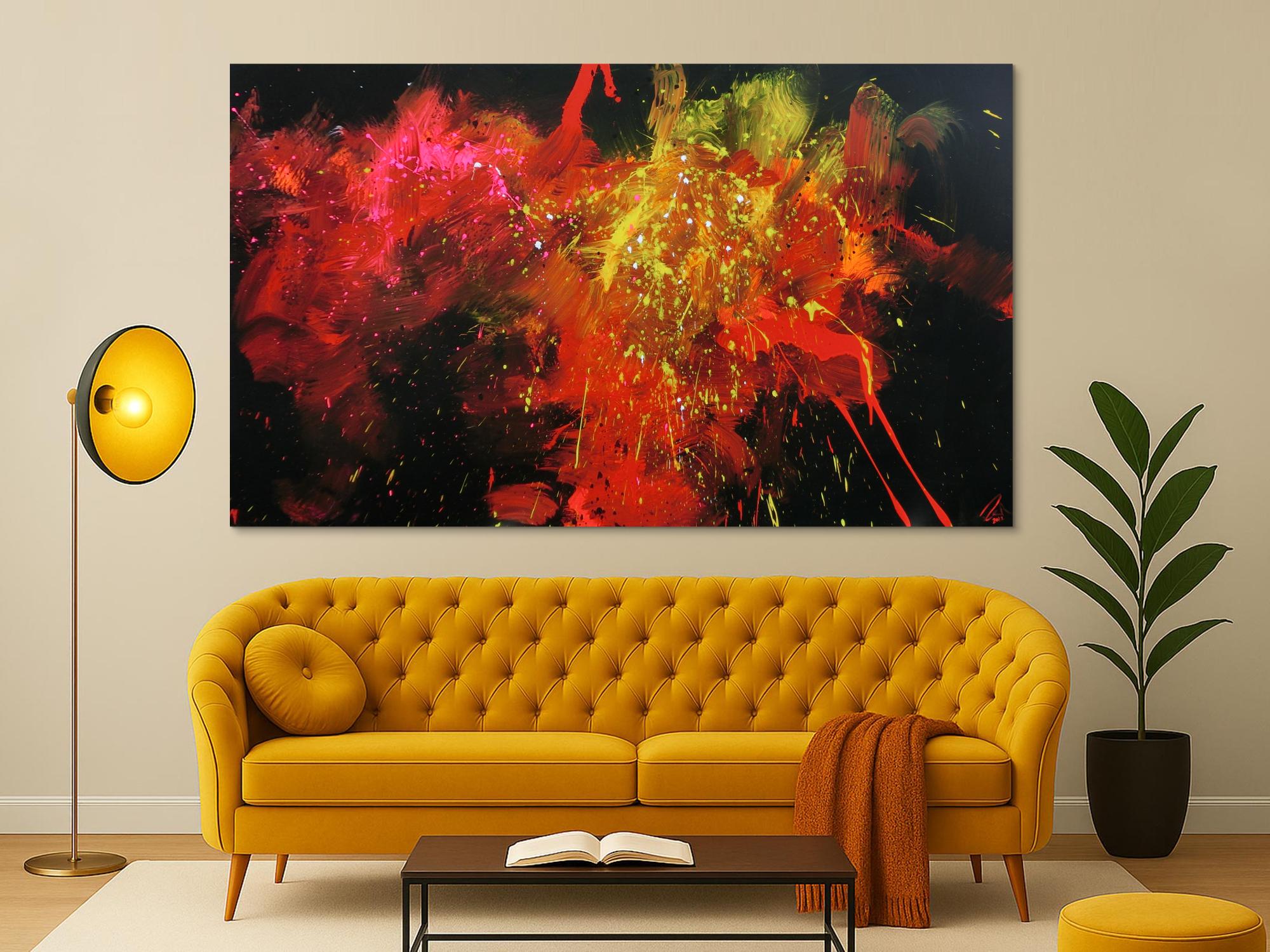 Abstraktes Acrylbild Actionpainting modern in schwarz rot gelb weiß pink