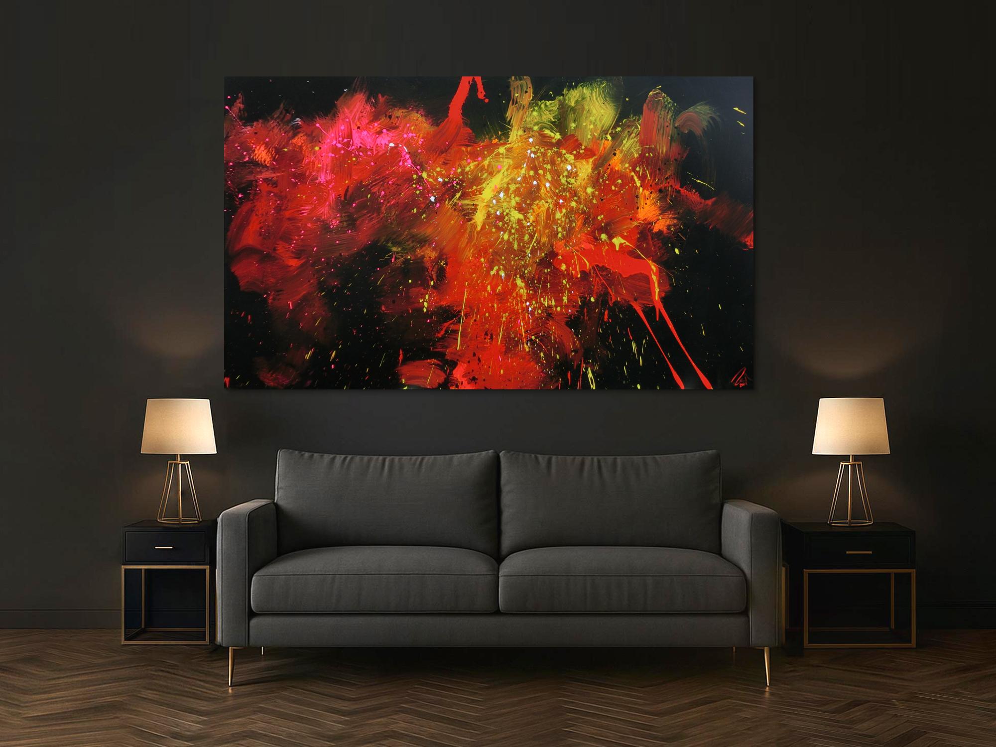 Abstraktes Acrylbild Actionpainting modern in schwarz rot gelb weiß pink