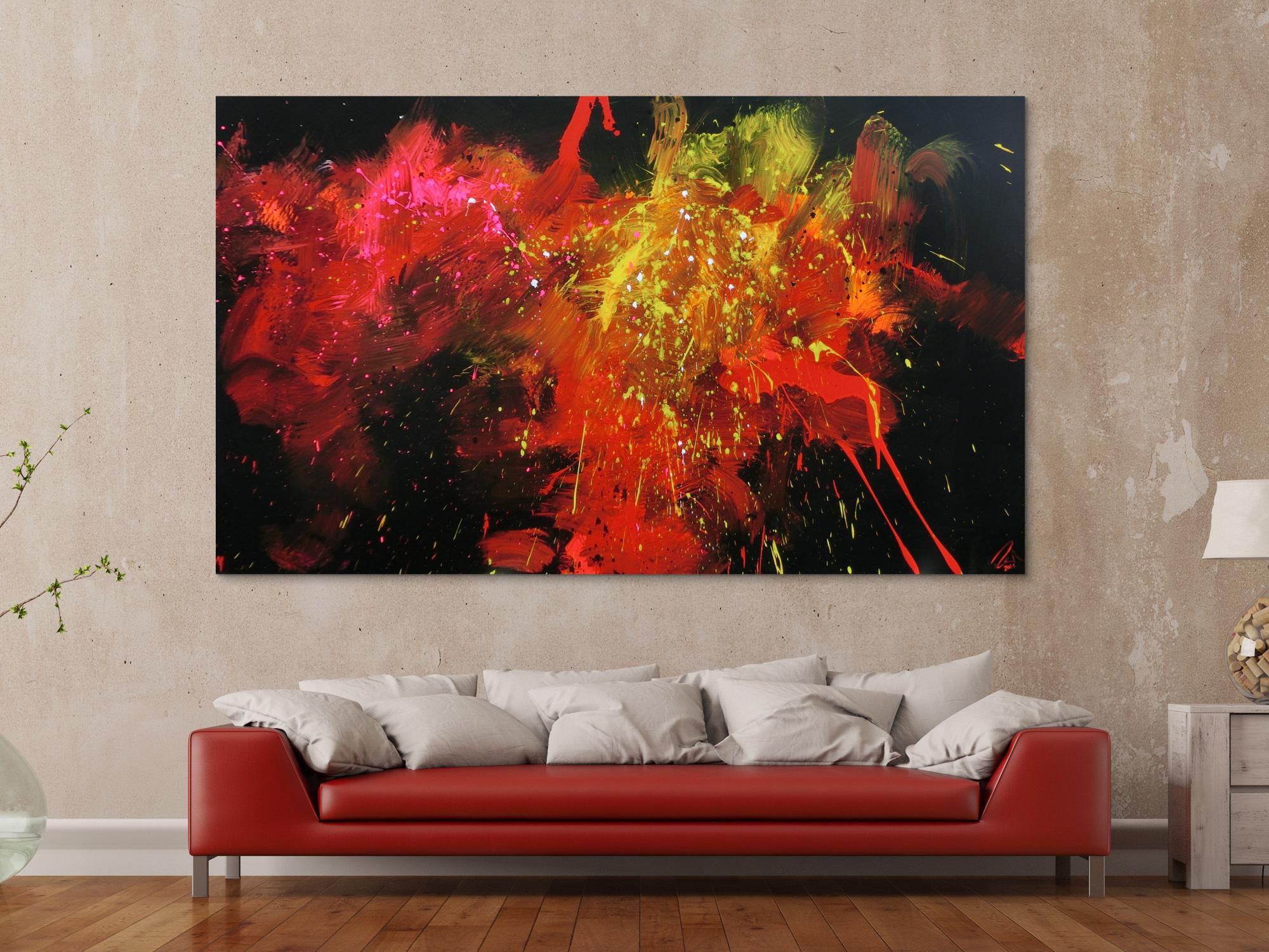 Abstraktes Acrylbild Actionpainting modern in schwarz rot gelb weiß pink