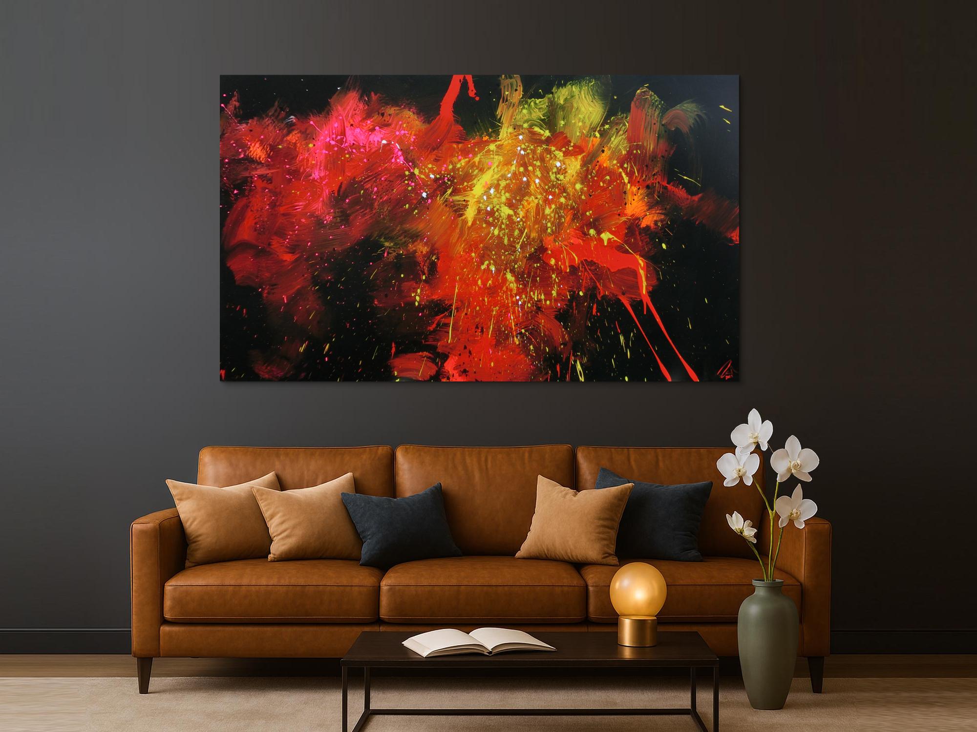 Abstraktes Acrylbild Actionpainting modern in schwarz rot gelb weiß pink