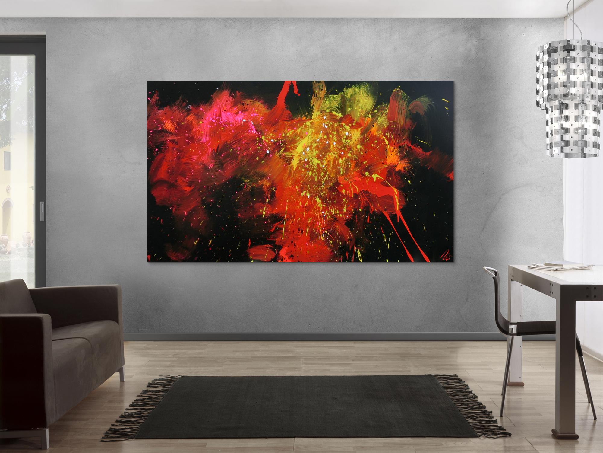 Abstraktes Acrylbild Actionpainting modern in schwarz rot gelb weiß pink