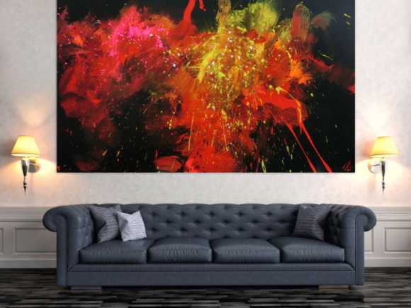Abstraktes Acrylbild Actionpainting modern in schwarz rot gelb weiß pink