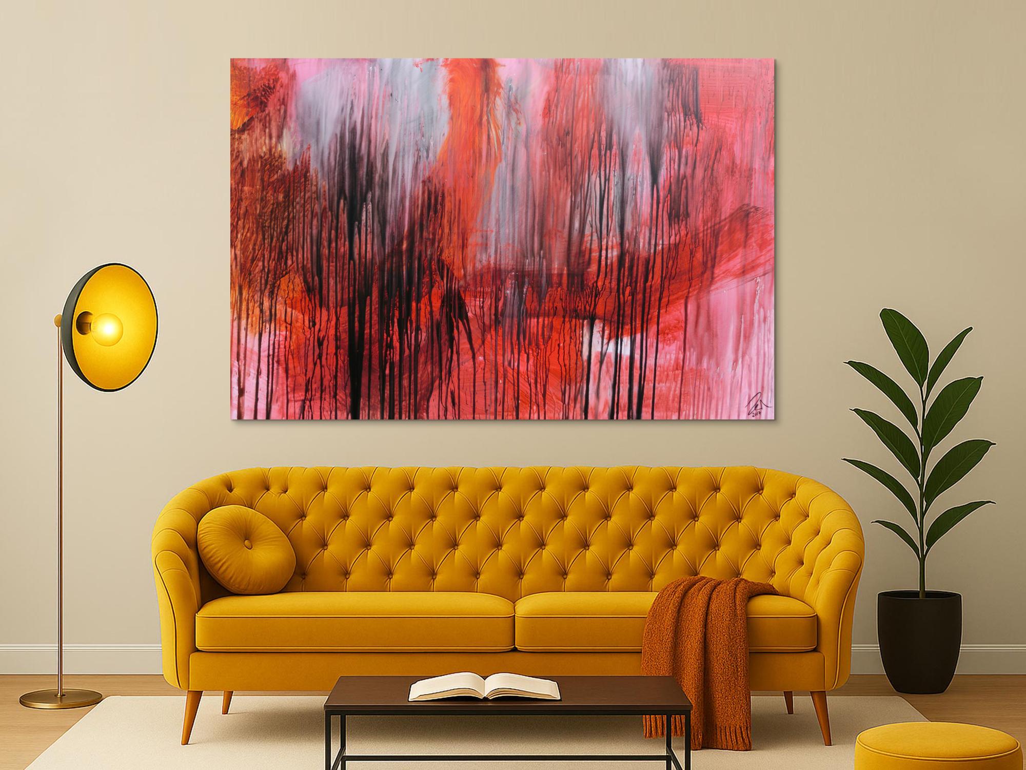 Modernes abstraktes Acrylgemälde in range schwarz weiß Mischtechnik