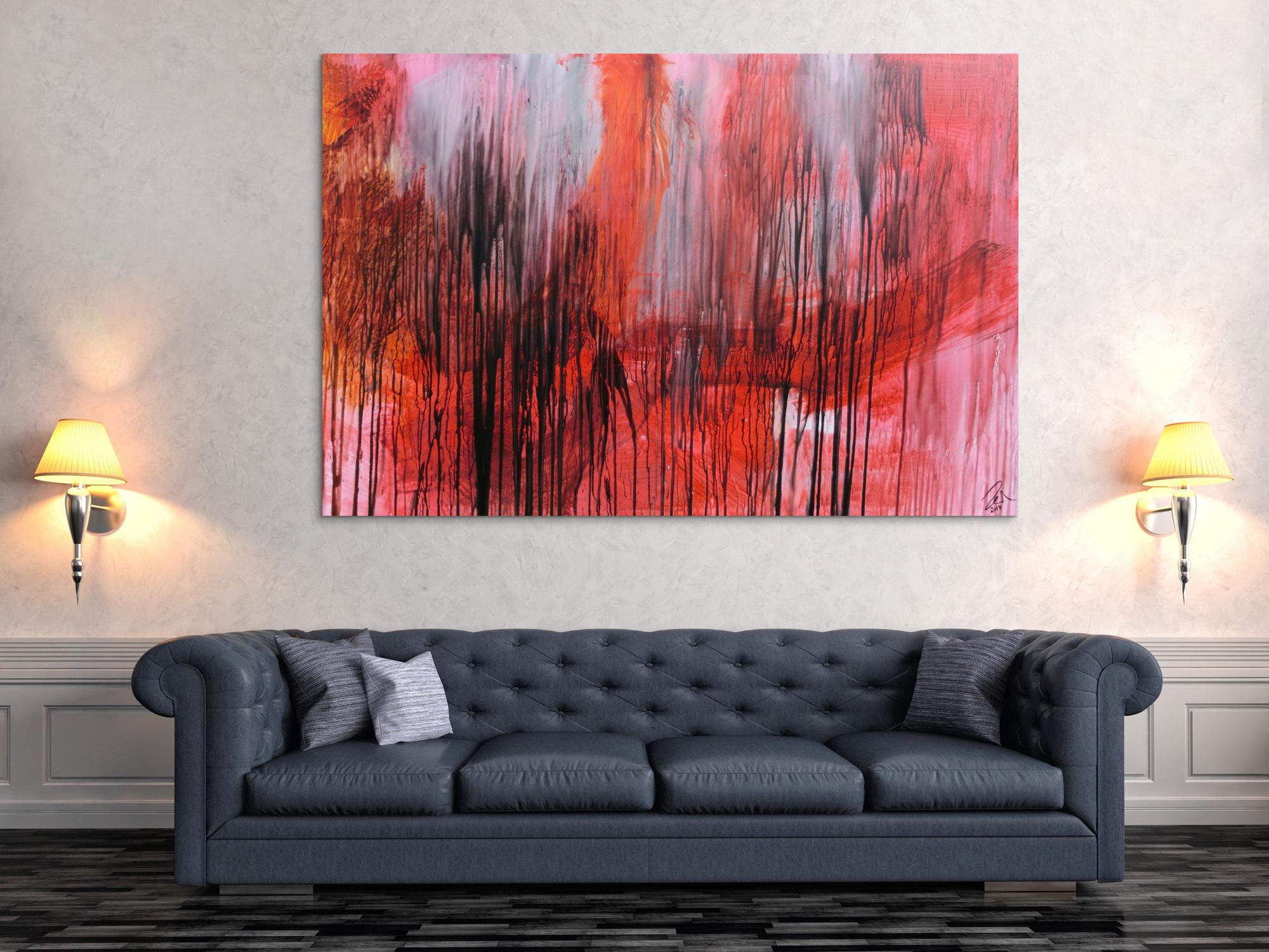 Modernes abstraktes Acrylgemälde in range schwarz weiß Mischtechnik