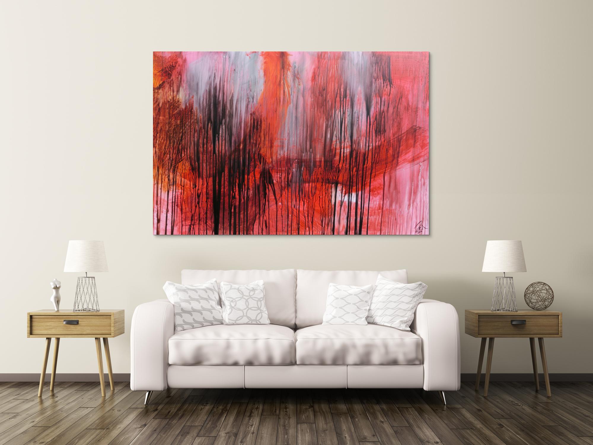 Modernes abstraktes Acrylgemälde in range schwarz weiß Mischtechnik