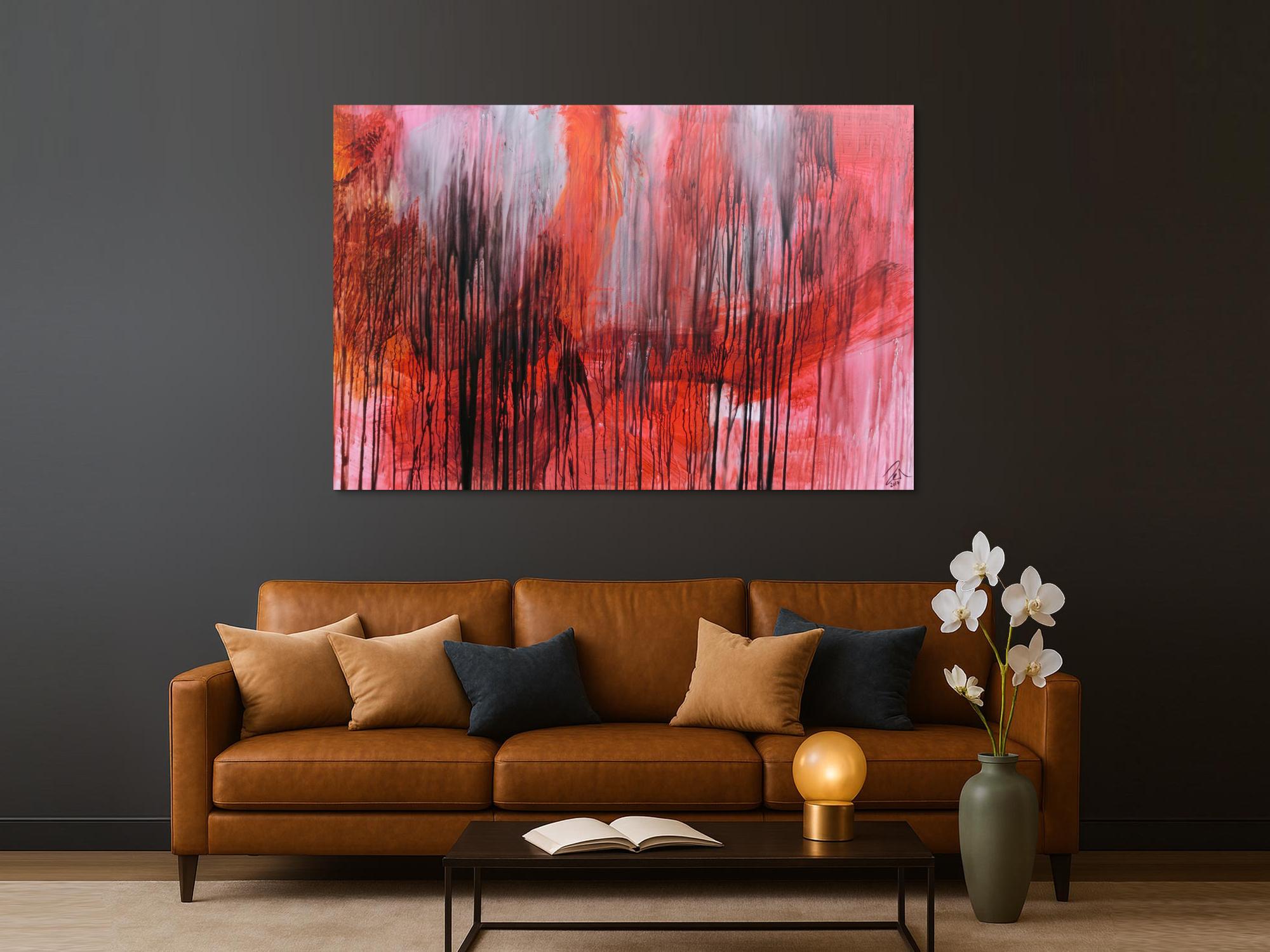 Modernes abstraktes Acrylgemälde in range schwarz weiß Mischtechnik