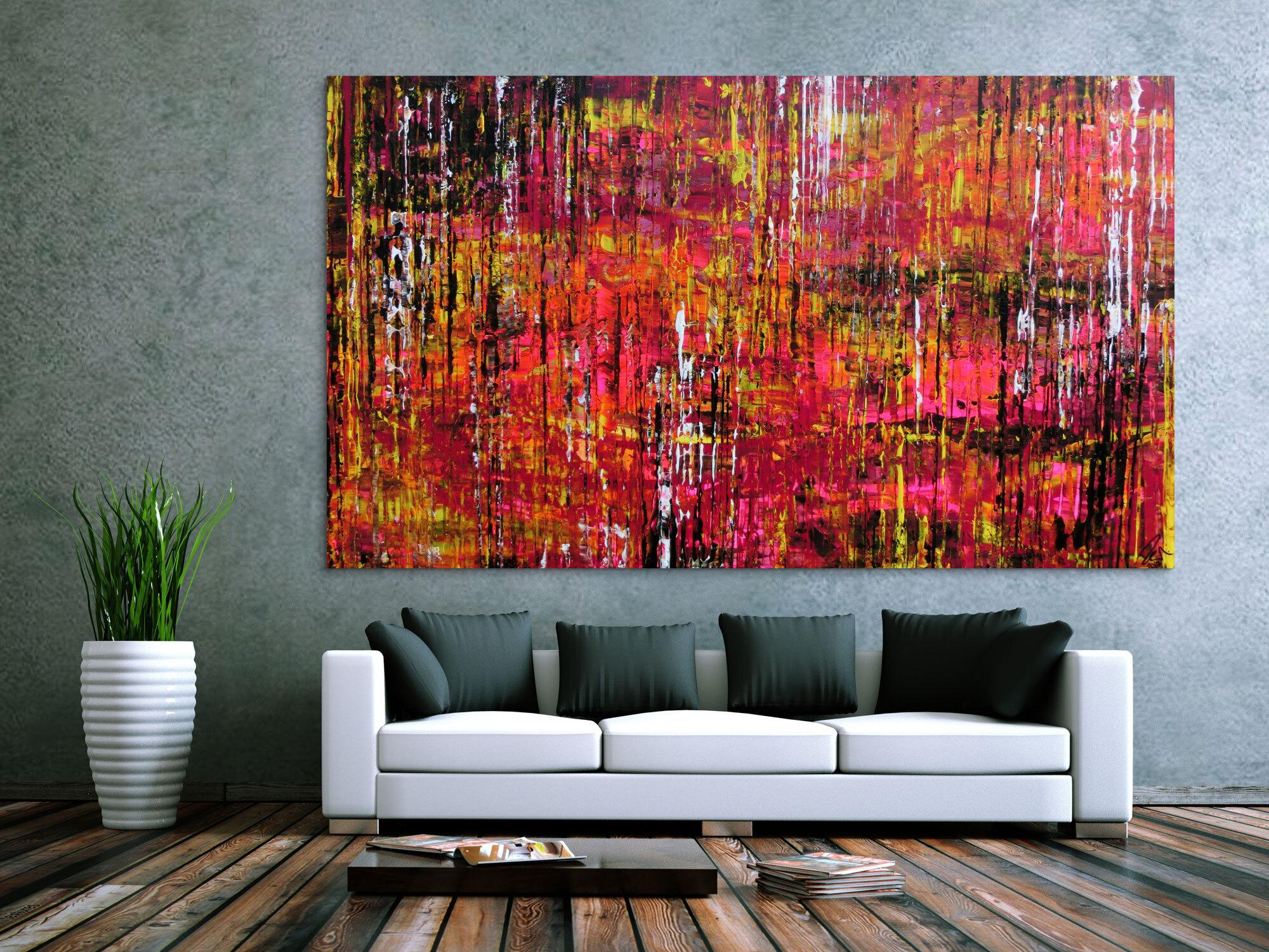 Abstraktes Acrylbild Spachteltechnik sehr groß modern in schwarz pink gelb weiß