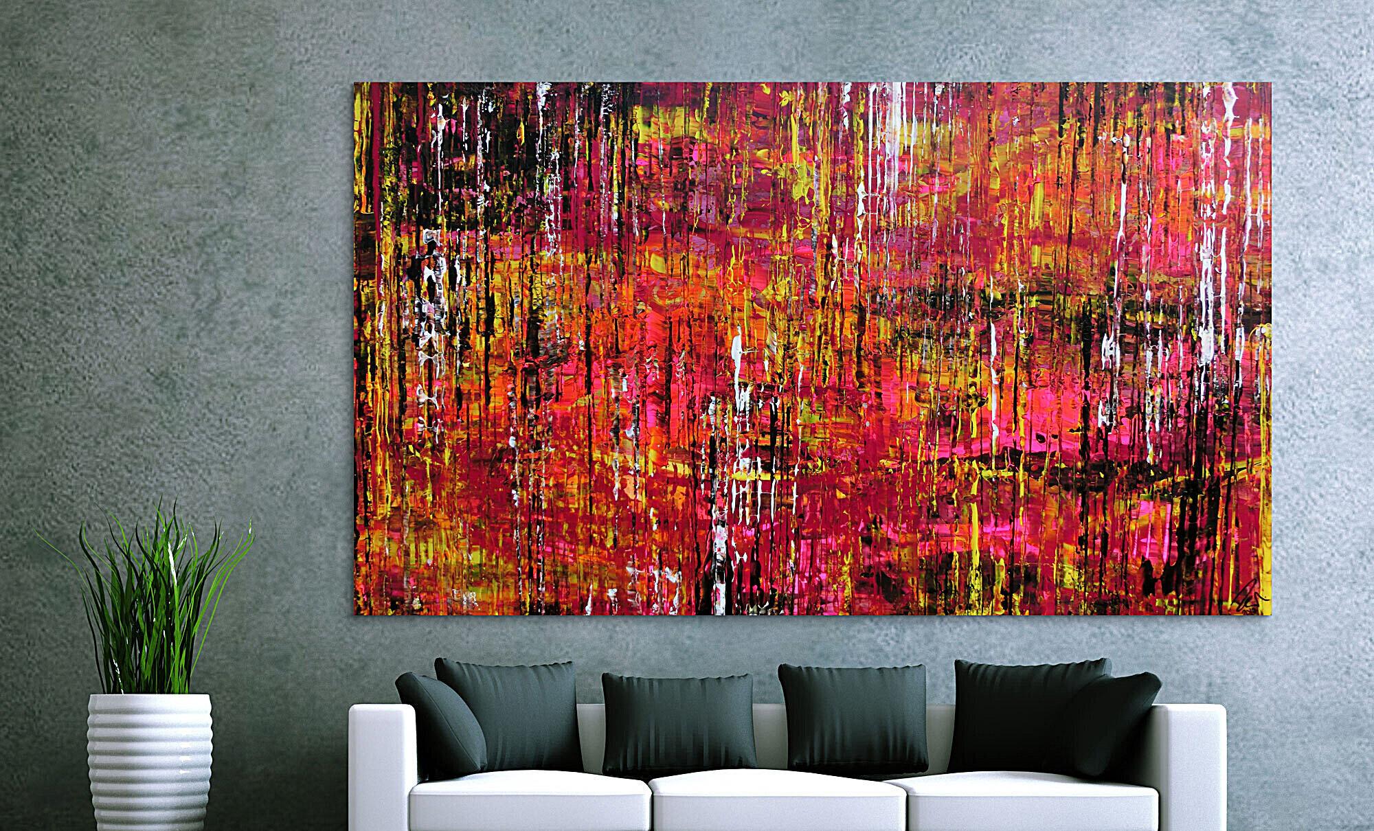 Abstraktes Acrylbild Spachteltechnik sehr groß modern in schwarz pink gelb weiß
