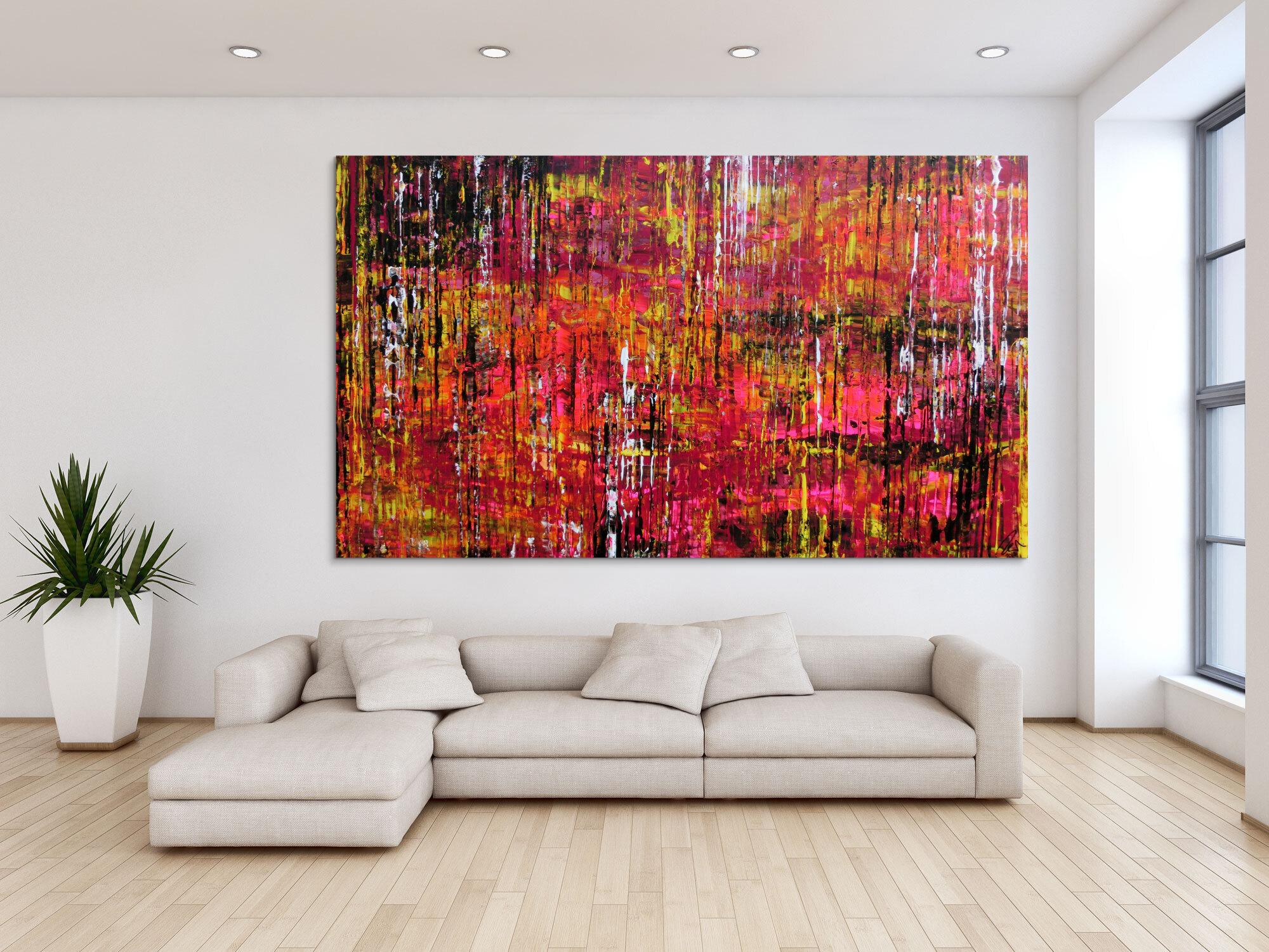 Abstraktes Acrylbild Spachteltechnik sehr groß modern in schwarz pink gelb weiß